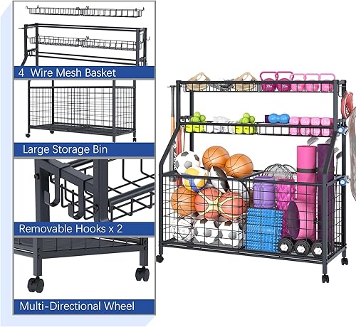 Miniatura 7 de Estante de almacenamiento de bolas, carrito organizador de equipo deportivo grande para garaje, gimnasio en casa, almacenamiento de equipo deportivo