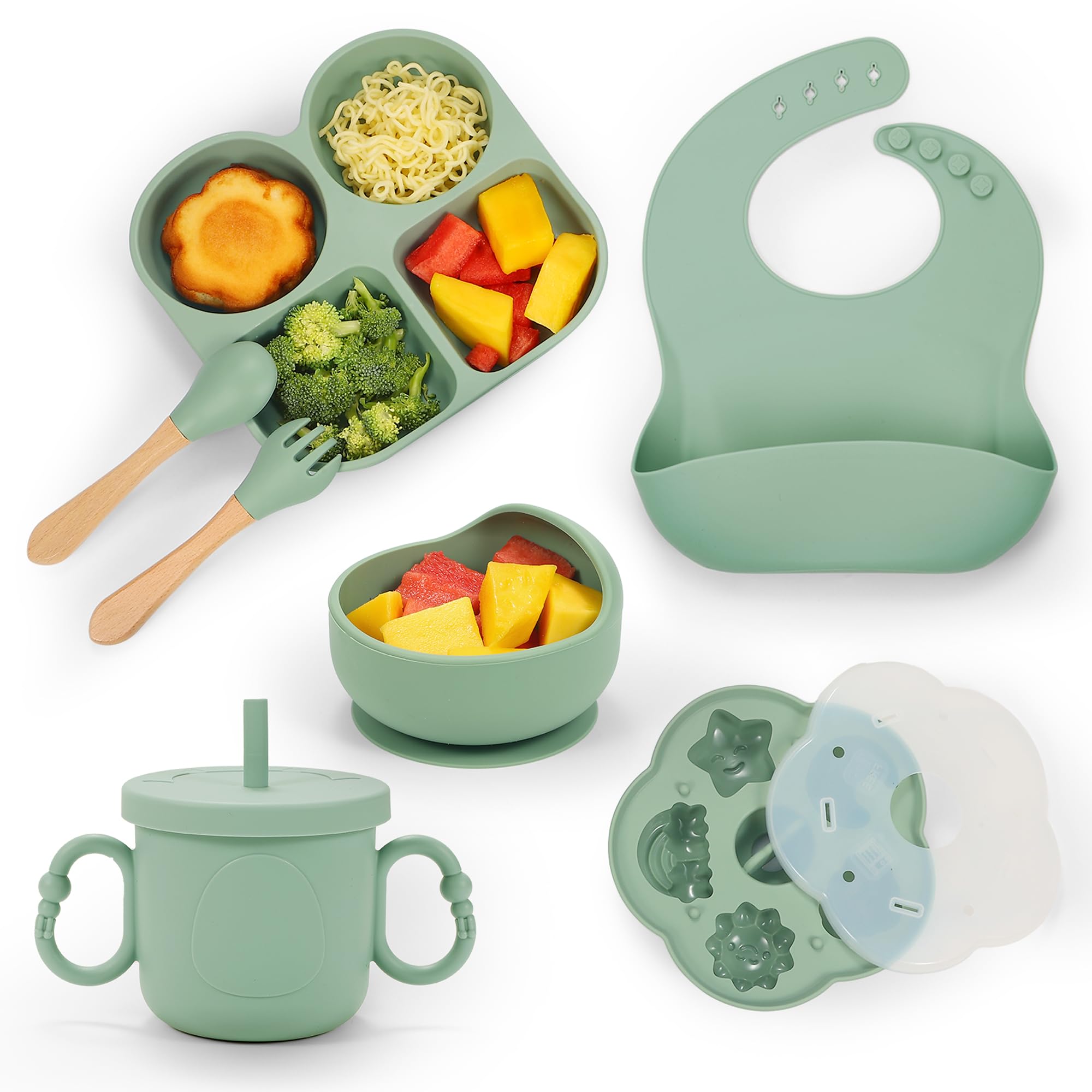 MIICASA Silicone Baby Feeding Set, Baby Led Weaning Supplies, Baby Food Tableware Silicone Suction Plate, Bowl, Spoons, Fork, Waterproof Bib, Cup & Complementary Food Cake Mold, Baby Eating Utensils