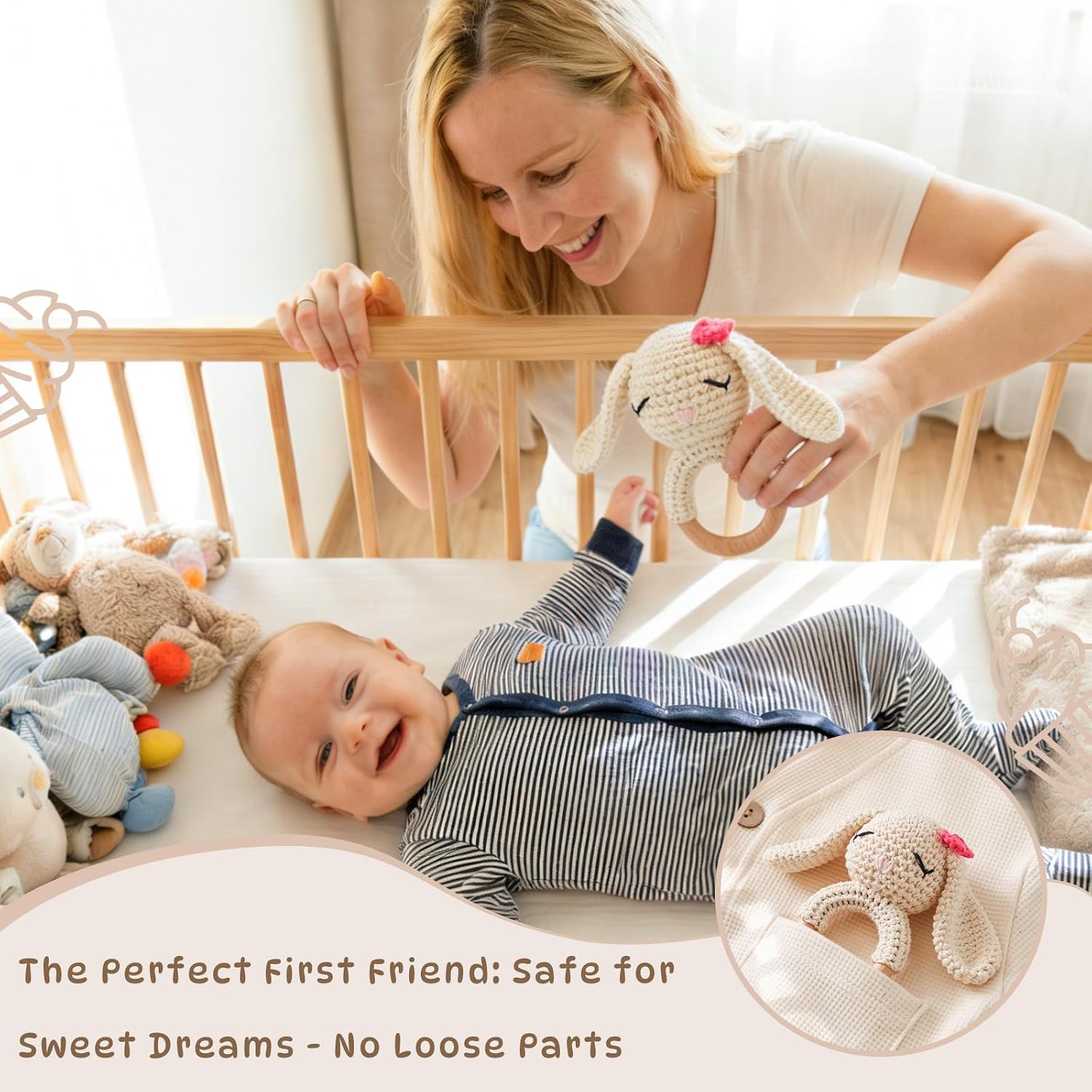 Moyii Handmade Crochet Baby Rattle Toy, 100% Organic Cotton Amigurumi Animal with Natural Beech Wood Teether Ring, Soft Sensory Newborn Toy, Montessori Nursery Gift for Boys & Girls