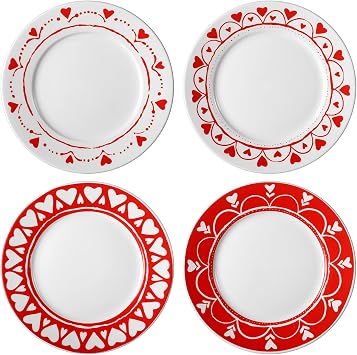 Jinei Set of 4 10 Inch Valentines Day Ceramic Flat Plates Red White Heart Dining Serving Plates Round Dessert Salad Dish Set Gift for Valentines Day Wedding Anniversary Party Decoration