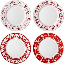 Jinei Set of 4 10 Inch Valentine's Day Ceramic Flat Plates Red White Heart Dining Serving Plates Round Dessert Salad Dish Set Gift for Valentine's Day Wedding Anniversary Party Decoration