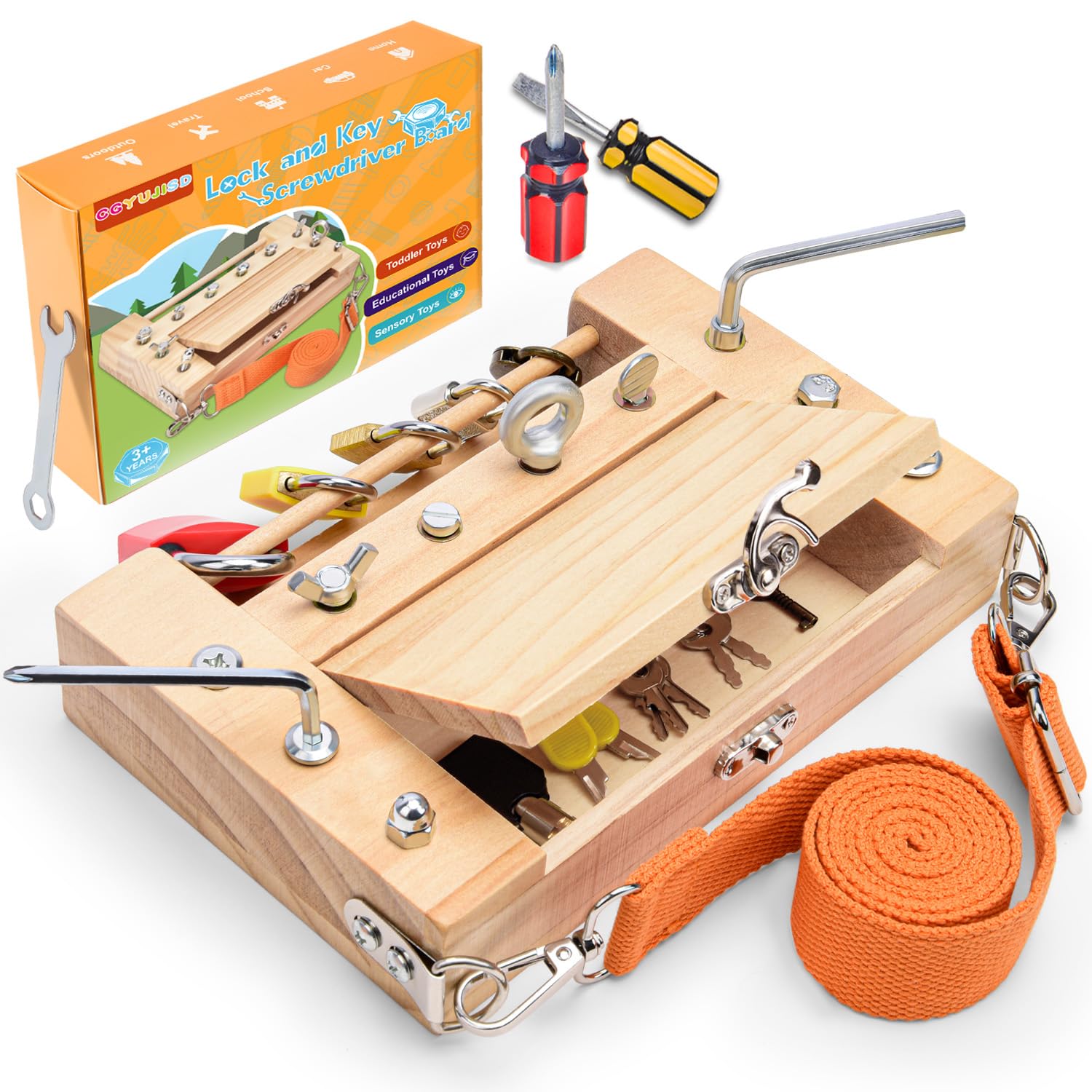 Screwdriver Board-Montessori Toy Lock and Key Toy Set for Kids, Storage Wooden Tools Preschool Sensory Toys for 3 +Year Old