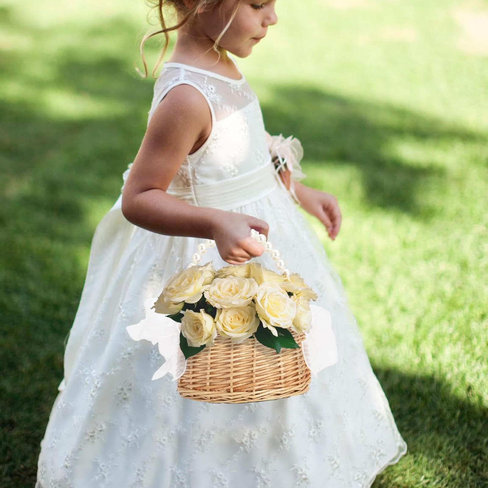 Cesto per fiori intrecciato, con manico di perle, cestino per biglietti di auguri di nozze, per damigelle d'onore, decoratori, biglietti di auguri, snack, casa, soggiorno, addio al nubilato, caminetto
