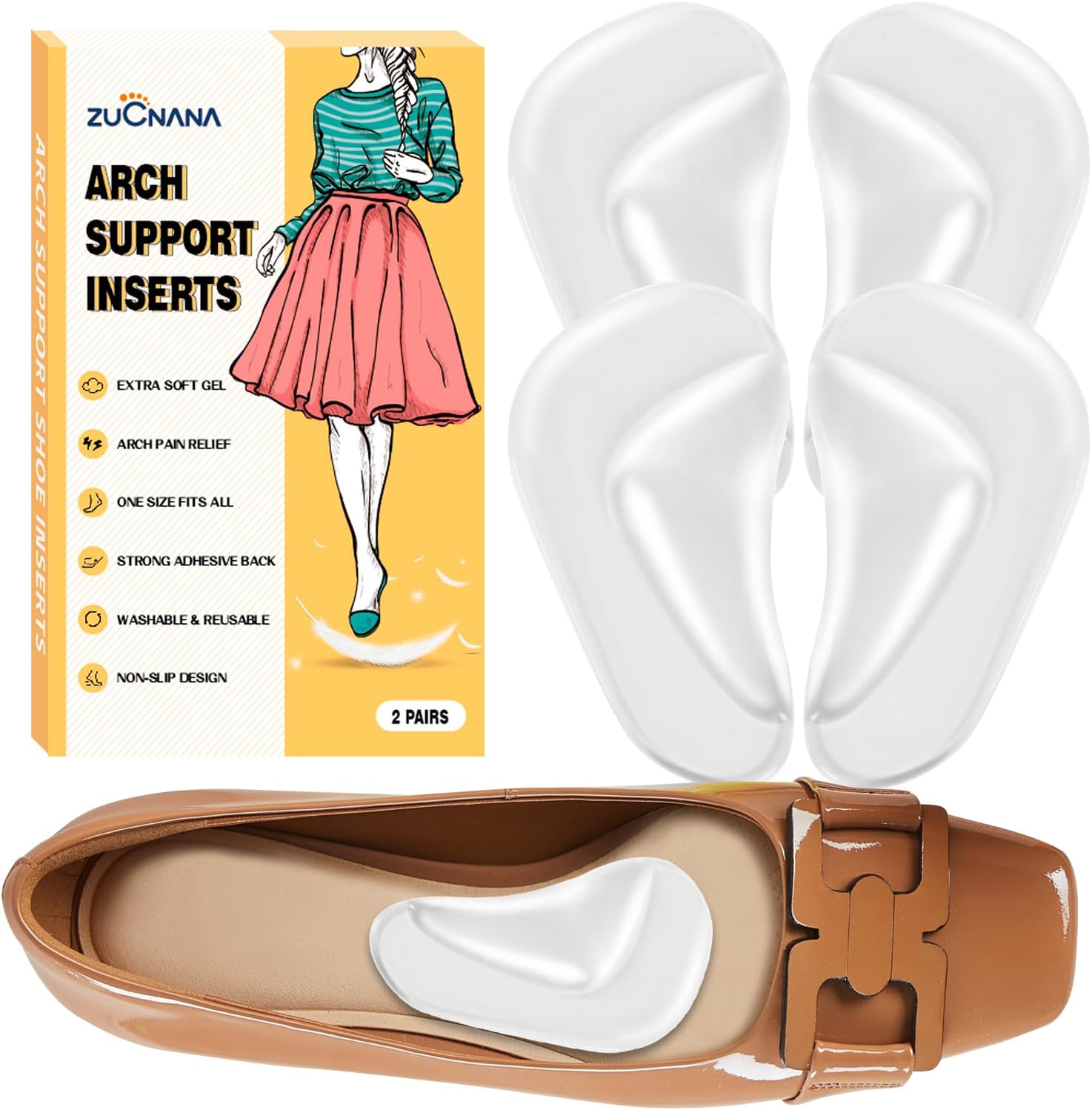 ZUCNANA Arch Support Inserts for Women Flat Feet (12 Pieces), Soft Gel Arch Support Insoles for Plantar Fasciitis, Reusable Arch Pads for Foot Pain Relief, One Size Fits Any