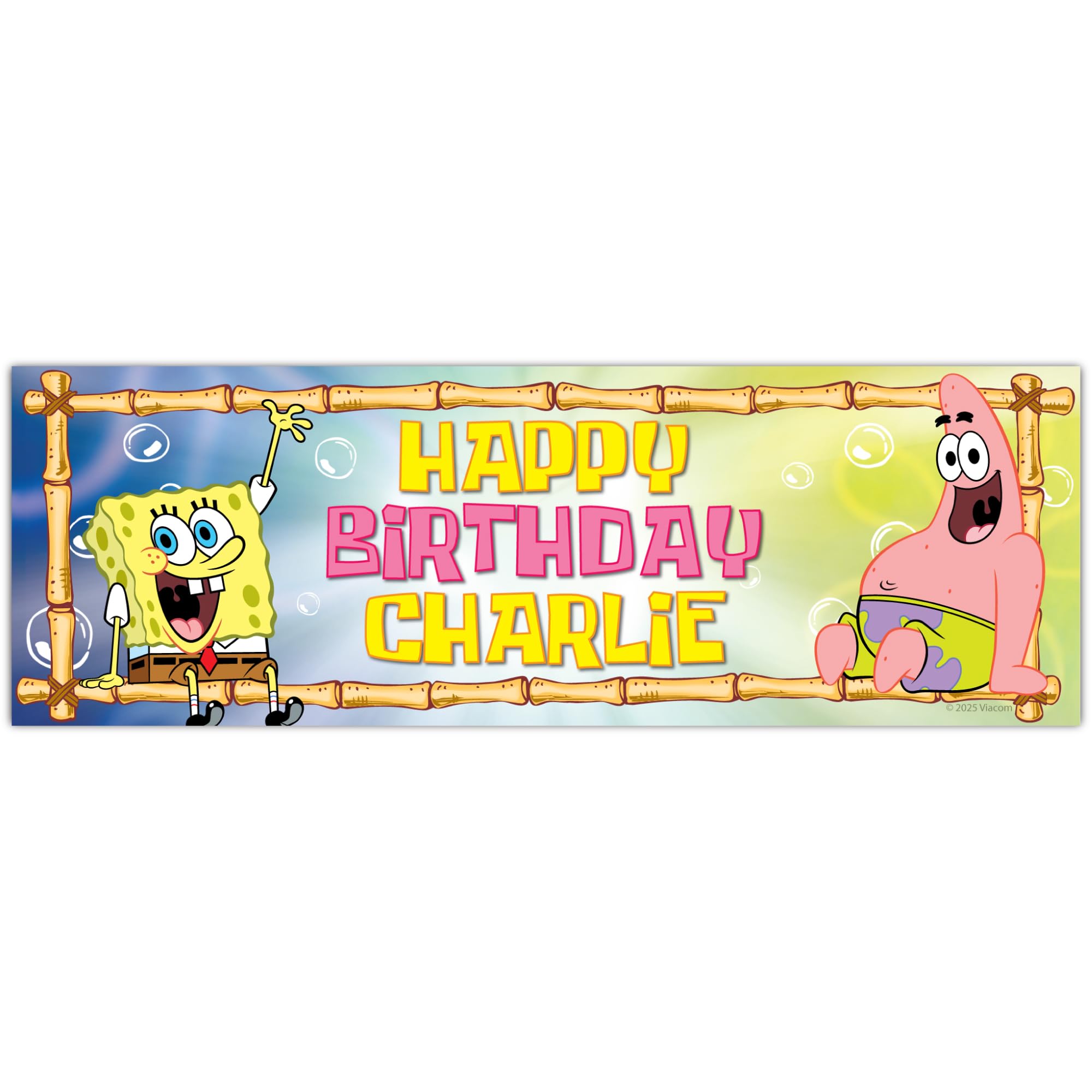 SpongeBob Birthday - SpongeBob And Patrick Sitting On Bamboo Personalised Banner Wall Sticker (90cm width x 30cm height)