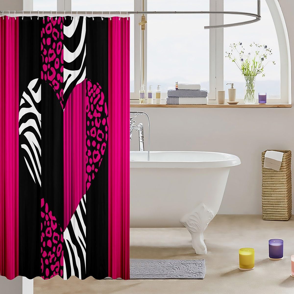 Feelyou Leopard Shower Curtain 72"x78" Kids Cheetah Animal Print Bathroom Shower Curtain Set for Boys Safari Zebra Bath Curtain Waterproof Hot Pink Sweetheart Geometric Kids Bathroom Accessories