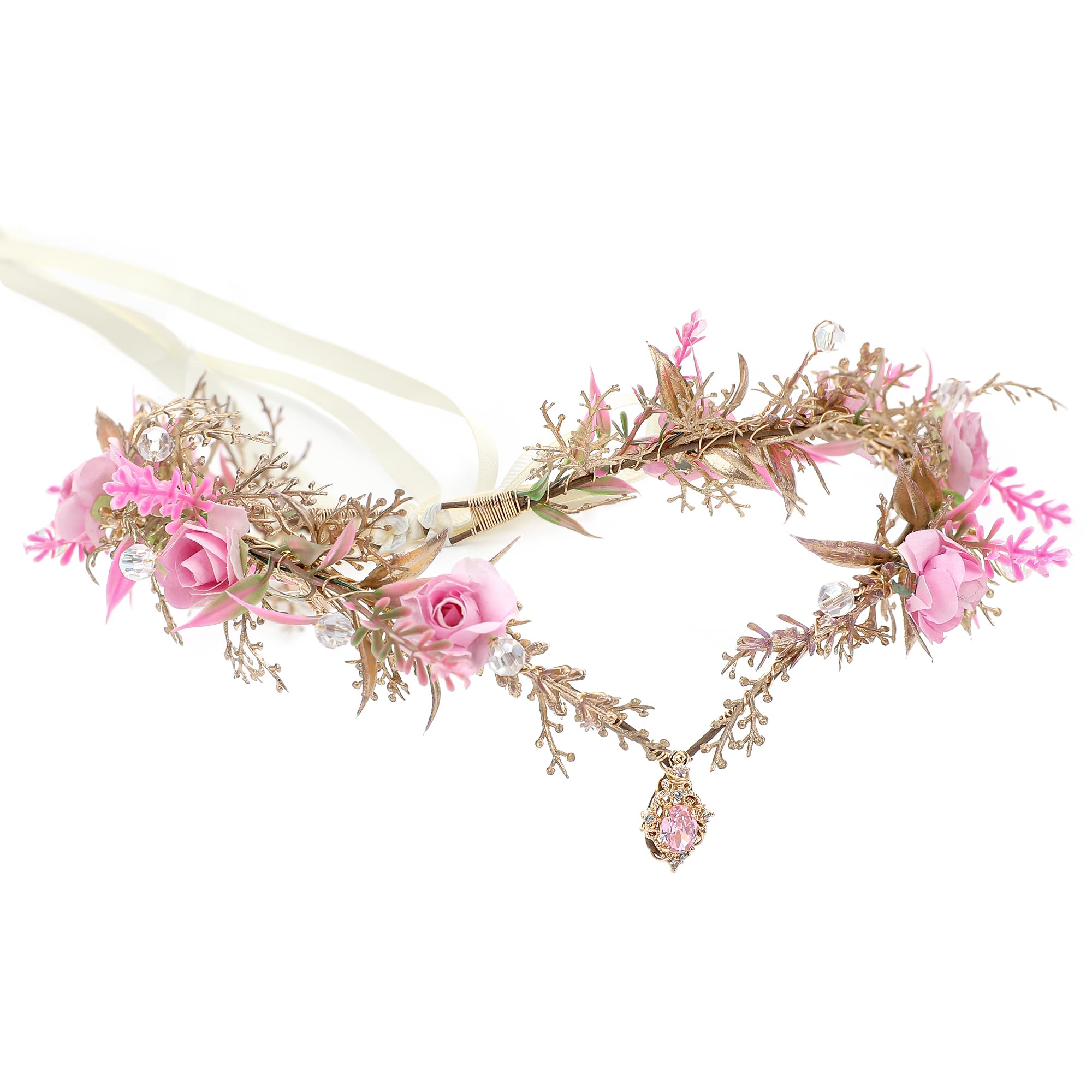 MOSTORY Pink Flower Fairy Crown - Elf Floral Headpiece Woodland Circlet for Fairycore Aesthetic Women, Elven Forest Headband for Renaissance Renfaire Cosplay Photo Shoot