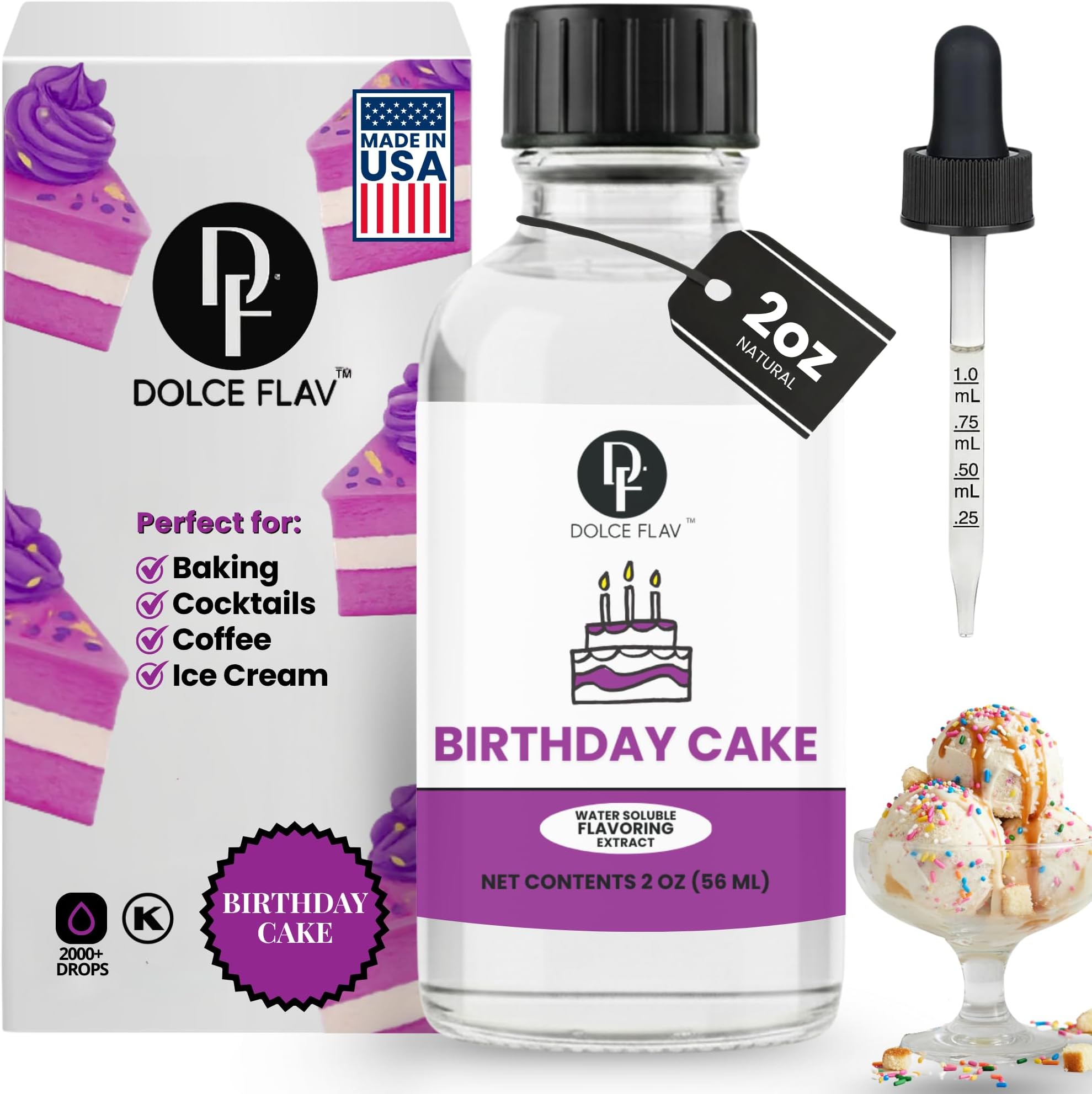 Dolce Flav Birthday Cake Extract – 2 Ounce Water-Soluble Kosher, Sugar-Free, Concentrated Festive Cake Flavoring for Frostings, Cupcakes & Desserts, Includes Measured Dropper