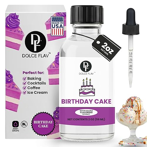 Dolce Flav Extracto de pastel de cumpleaños, 2 onzas soluble en agua, Kosher, sin azúcar, saborizante concentrado para tartas festivas para