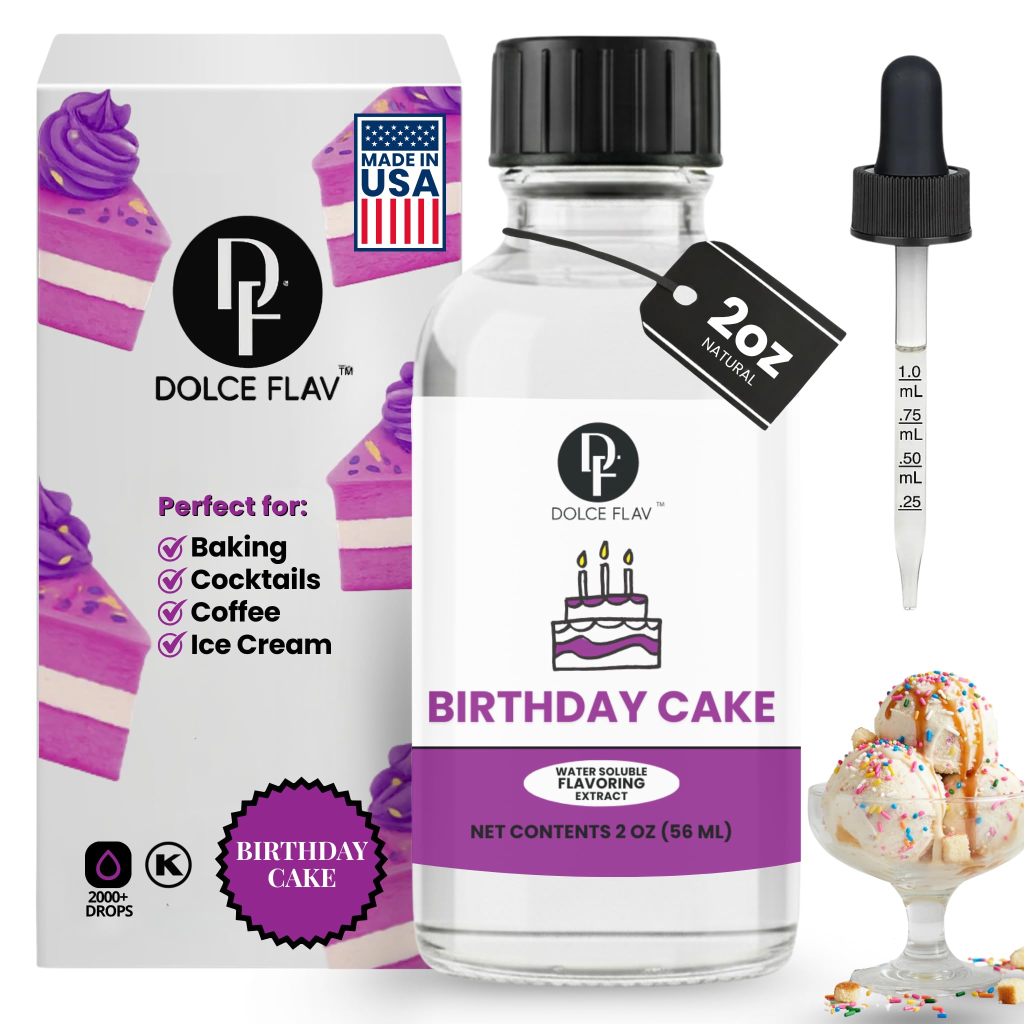 Dolce Flav Birthday Cake Extract – 2 Ounce Water-Soluble Kosher, Sugar-Free, Concentrated Festive Cake Flavoring for Frostings, Cupcakes & Desserts, Includes Measured Dropper