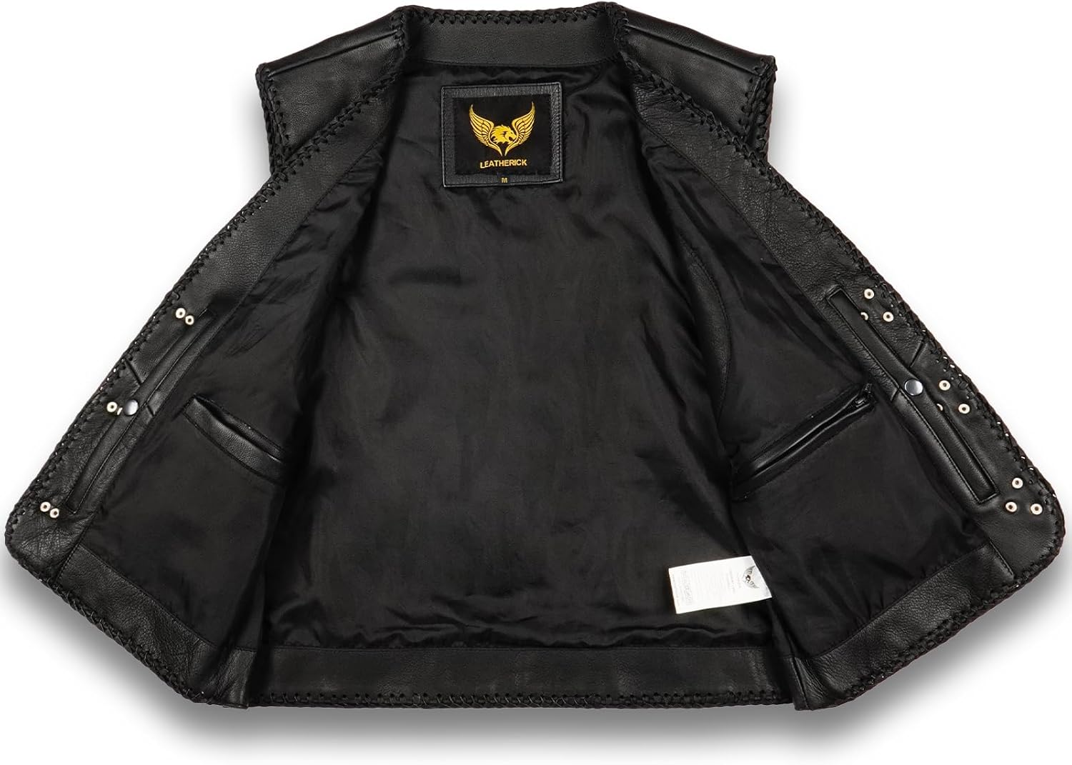 Leatherick Black Genuine Leather Motorcycle Waistcoat | Braided Biker Vest with Fish Hook Buckle and Adjustable Sides