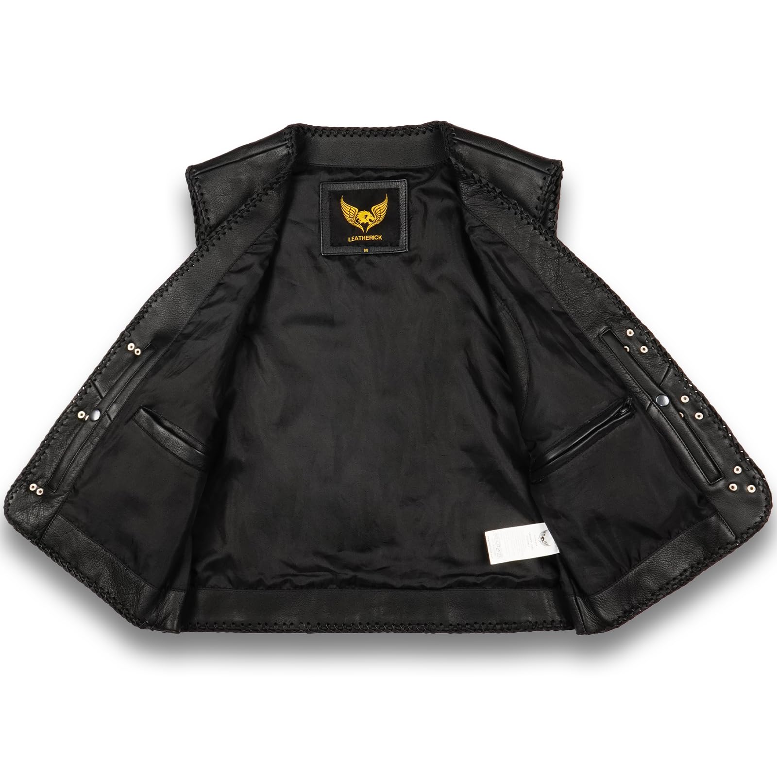 Leatherick Gilet da Motociclista in vera Pelle nera da Uomo - Design Classico Intrecciato, Lacci Laterali e Cerniera Gilet da Motociclista da Uomo con Fibbie a Gancio da Pesca
