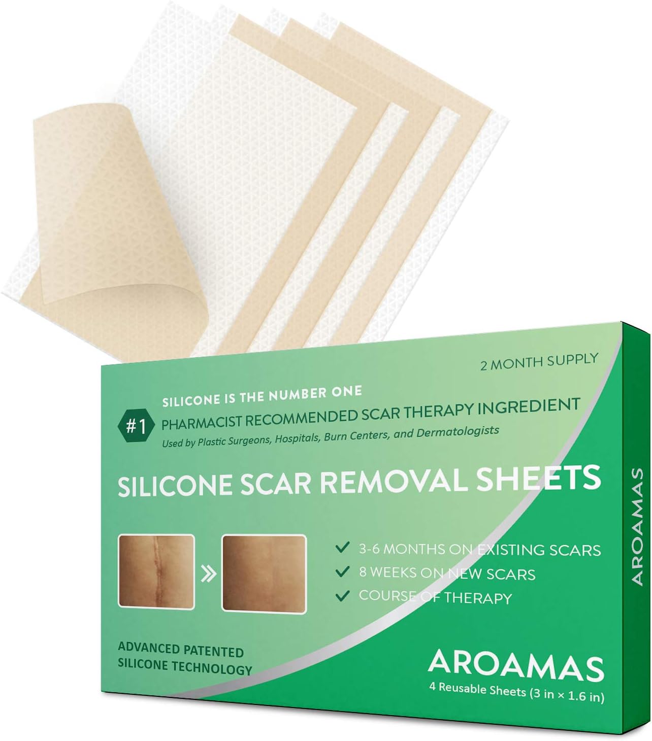 Aroamas, Silicone Scar Removal Sheets - for Keloid, C-Section, Hypertrophic, Surgical Scars and More Reusable and Washable 3"×1.57", 4 Sheets (2 Month Supply)