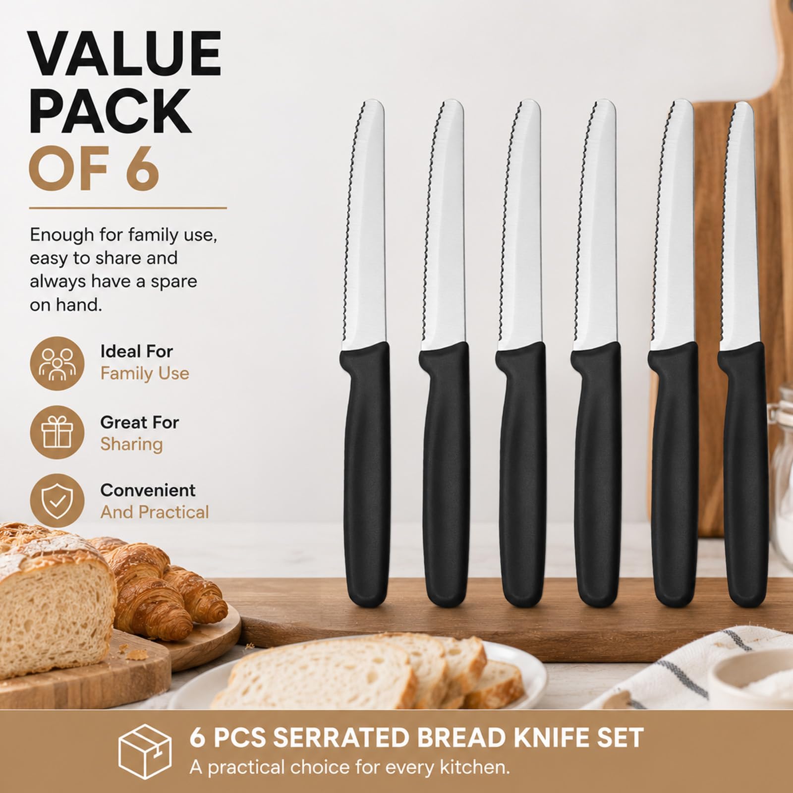 Carehabi Juego de 6 Cuchillos de Pan y Chuleteros Hoja Dentada Acero Inoxidable Cuchillo de Mesa para Desayuno y Cocina