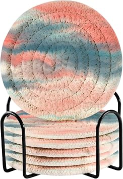 Aflyko Coasters for Drink Blurry Summer Wave Navy Coral Coaster Set with Metal Holder Cotton Woven Coaster for Coffee Table Bistro Home Kitchen Island Housewarming Gift 6 Pack