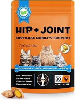 Cat Hip & Joint Health Chews – Cat Joint Support Supplement with Glucosamine, Green Lipped Mussel & Omega-3 – Supports Mobility, Flexibility & Cartilage Function (Chicken Flavor, 30-Day Supply)