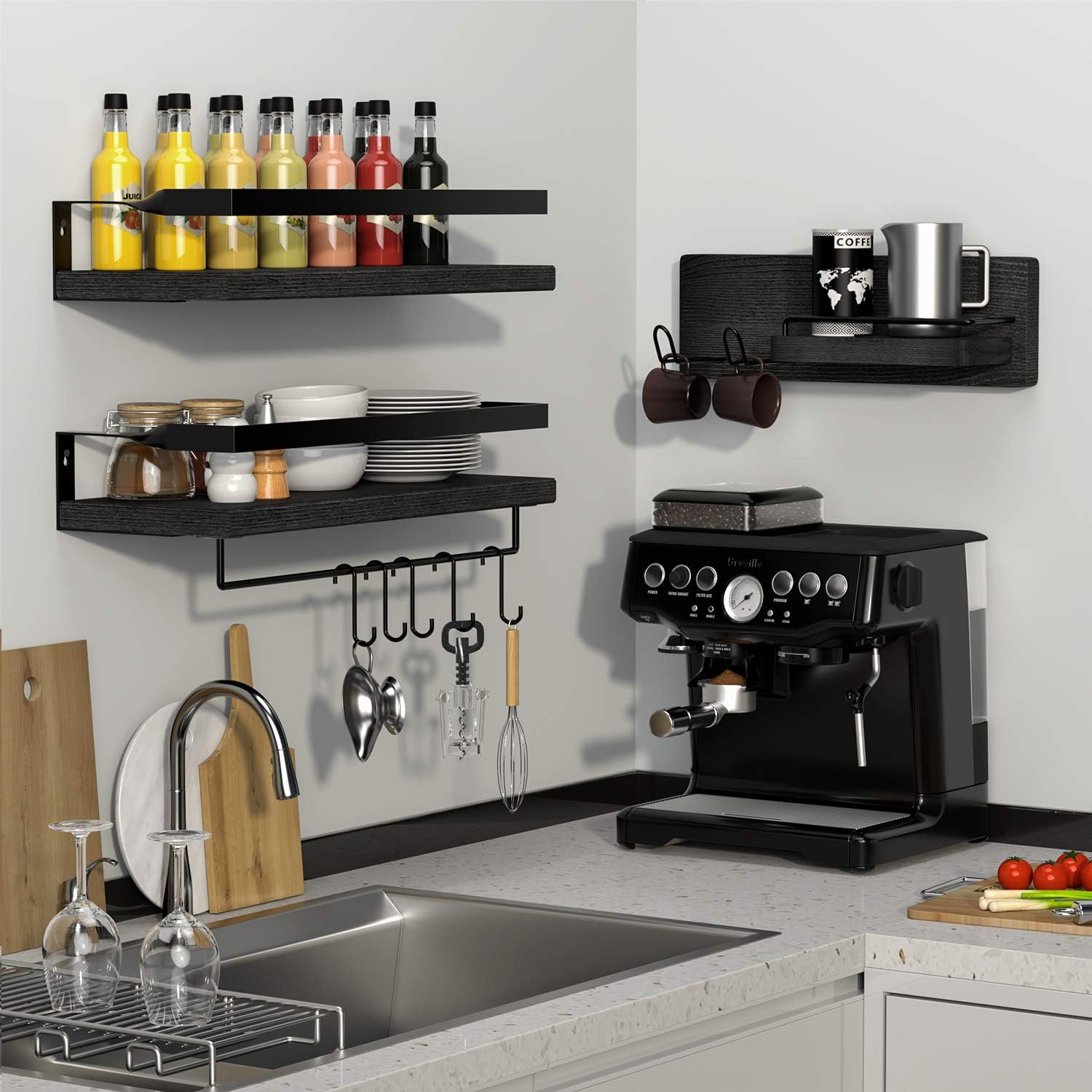 BAGBEL Floating Shelves Wall Mounted, Rustic Wood Wall Shelves, Storage Shelves for Bathroom, Bedroom, Living Room, Kitchen, Set of 3, Black