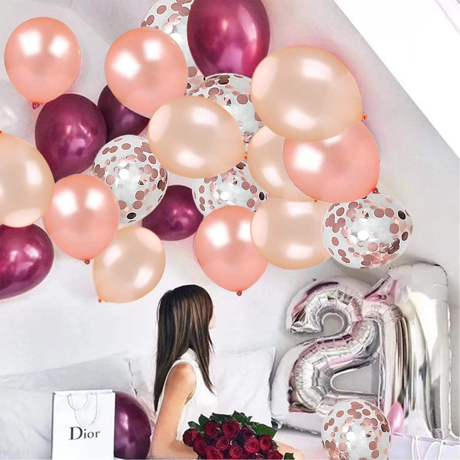 62 Pieces Rose Gold Burgundy Confetti Balloons Kit, 12 Inch Rose Gold Confetti Burgundy Rose Gold Latex Balloons with Balloon Ribbon for Wedding Birthday Girl Party Background Decorations : Home & Kitchen