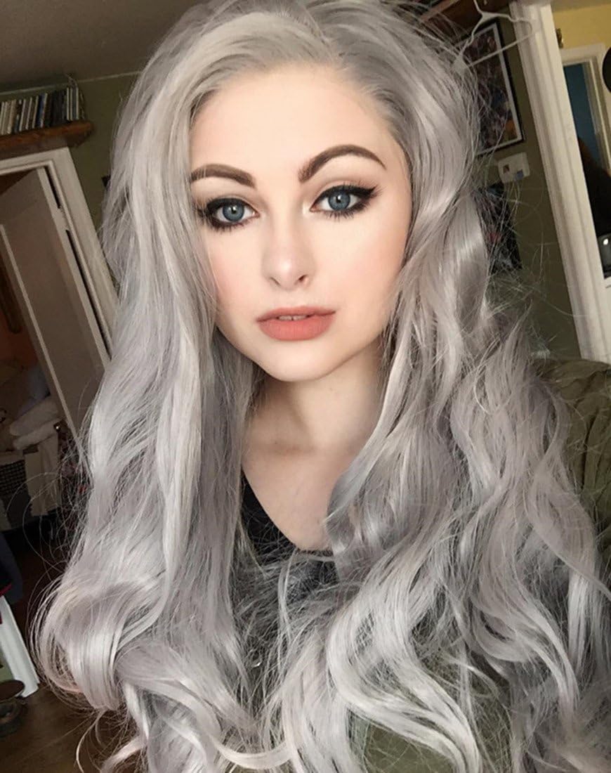 Gray Synthetic Lace Front Wigs Body Wavy Half Hand Tied Heat Resistant Silver Lace Front Wigs for Women 24 Inch HS0011