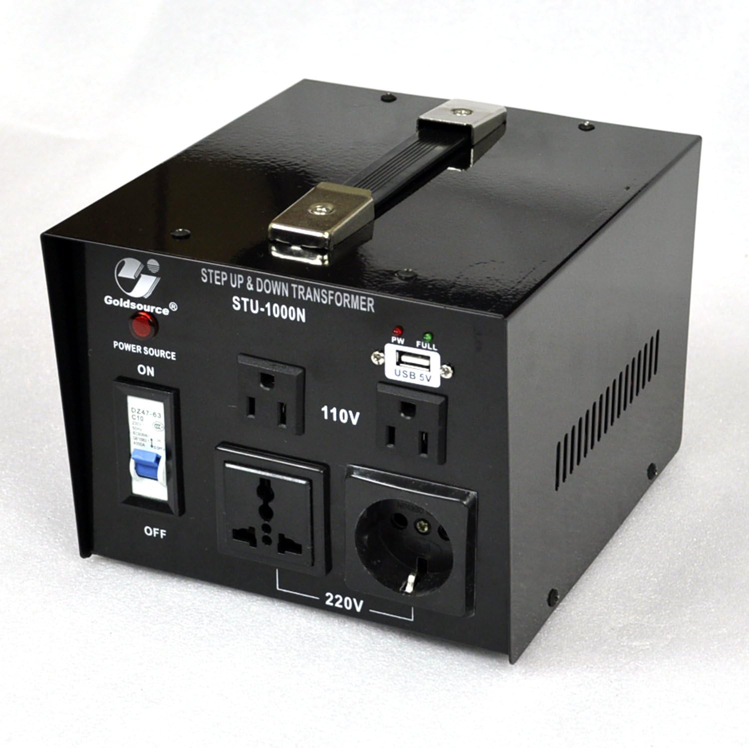 Goldsource STU-N Series 1000 W Heavy-Duty AC 110/220V Step Up/Down Voltage Transformer/Converter with US Standard, Universal, German/French Schuko AC Outlets & DC 5V USB Port - 1,000 Watt