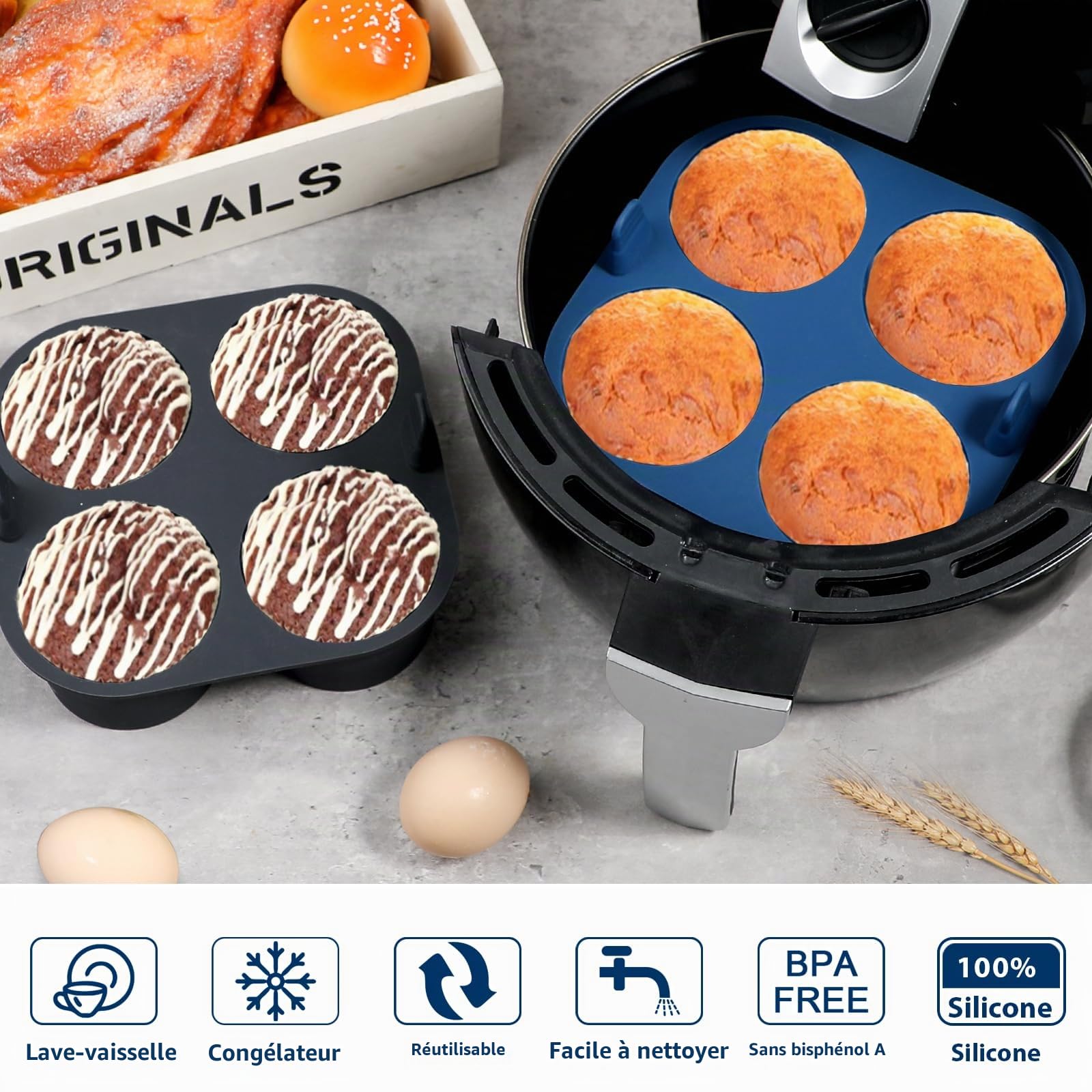 webake Lot de 2 grands moules en silicone pour friteuse à air chaud - 8 cm Air Fryer - Moule à muffins en silicone, moules pour cupcakes, gâteaux, pudding