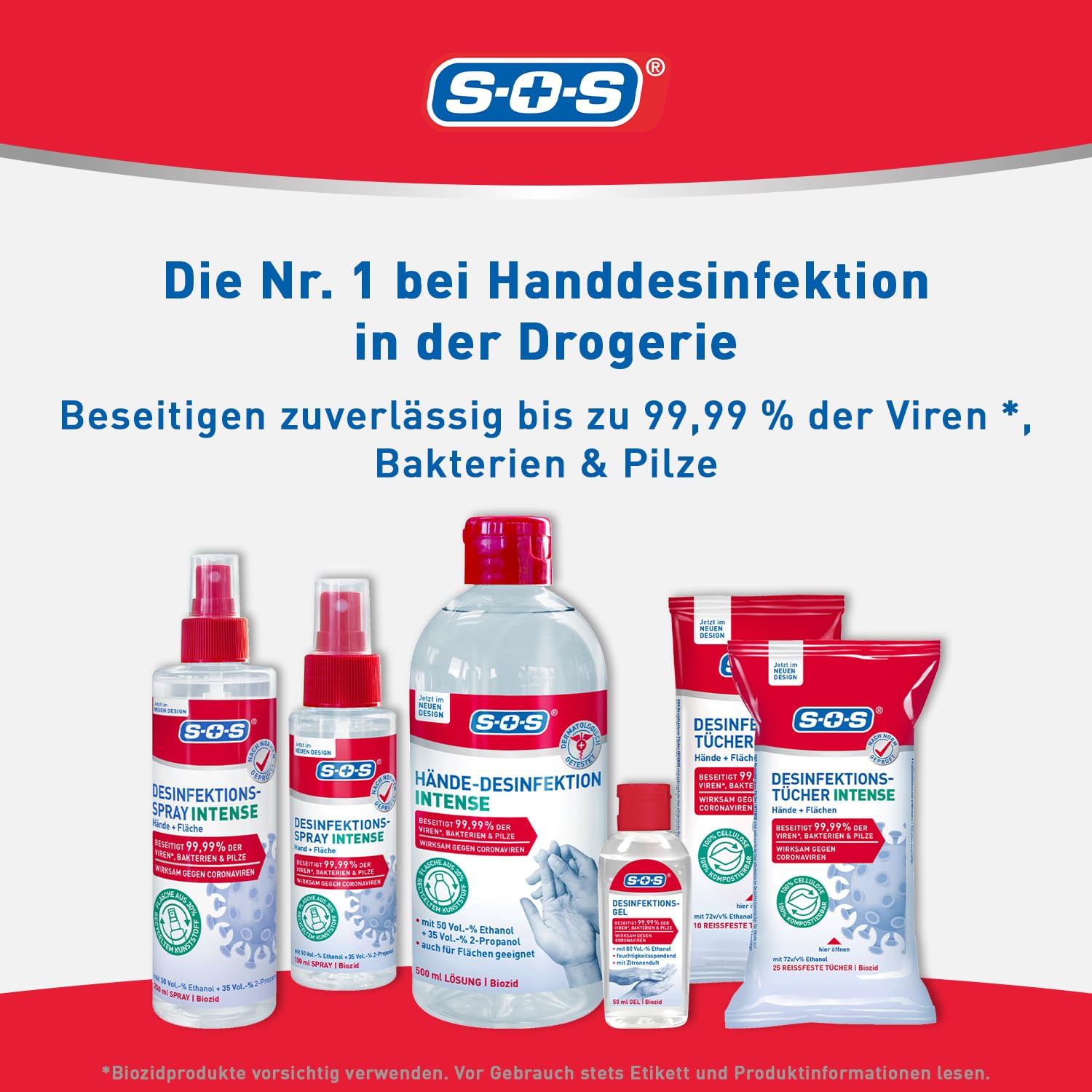 SOS Desinfektionsspray INTENSE für Hände + Flächen | beseitigen 99,99% der Bakterien, Pilze, Viren* (zB Herpes- Grippe- und Noroviren) | erweitertes Wirkspektrum**| 9 x 250ml