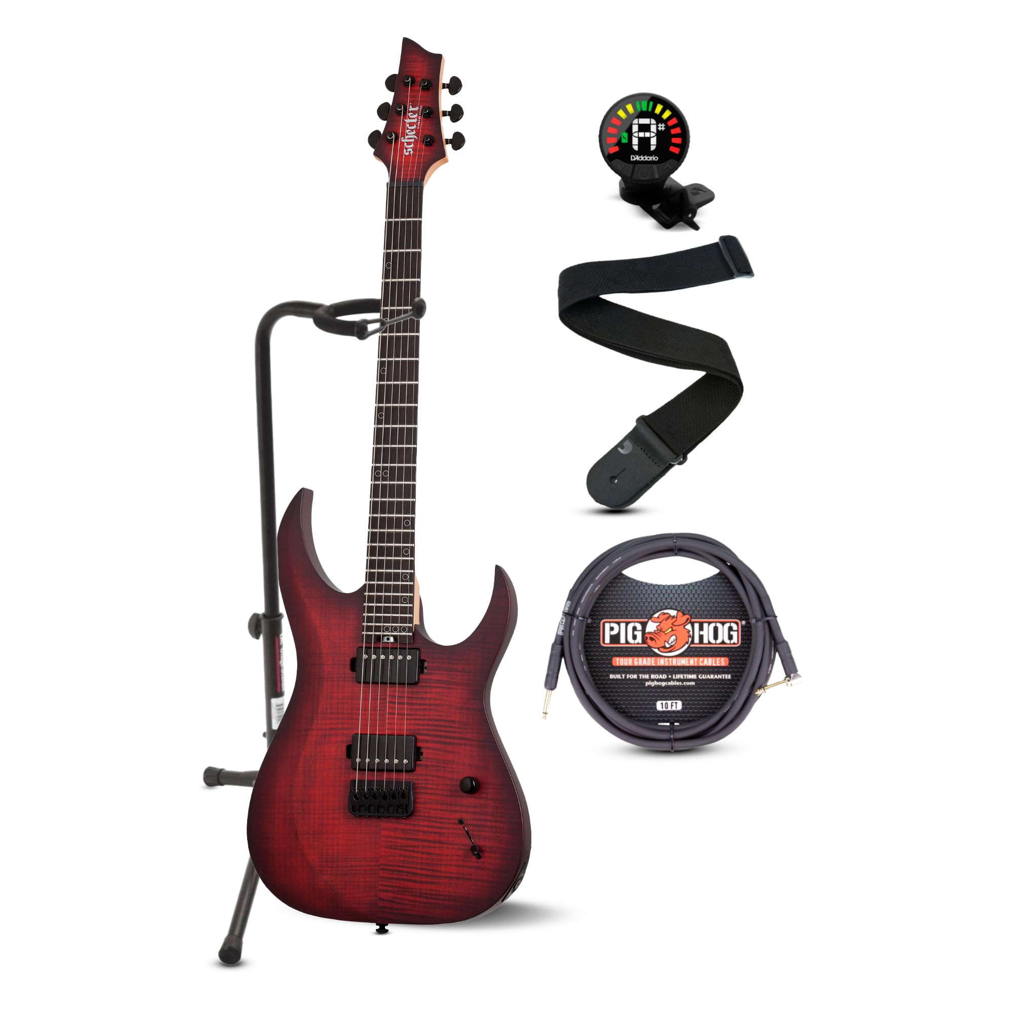 SchecterSunset-6 Extreme 6-String Electric Guitar (Right-Handed, Scarlet Burst) Bundle with Stand, Strap, Clip-On Tuner, and Guitar Cable (5 Items)