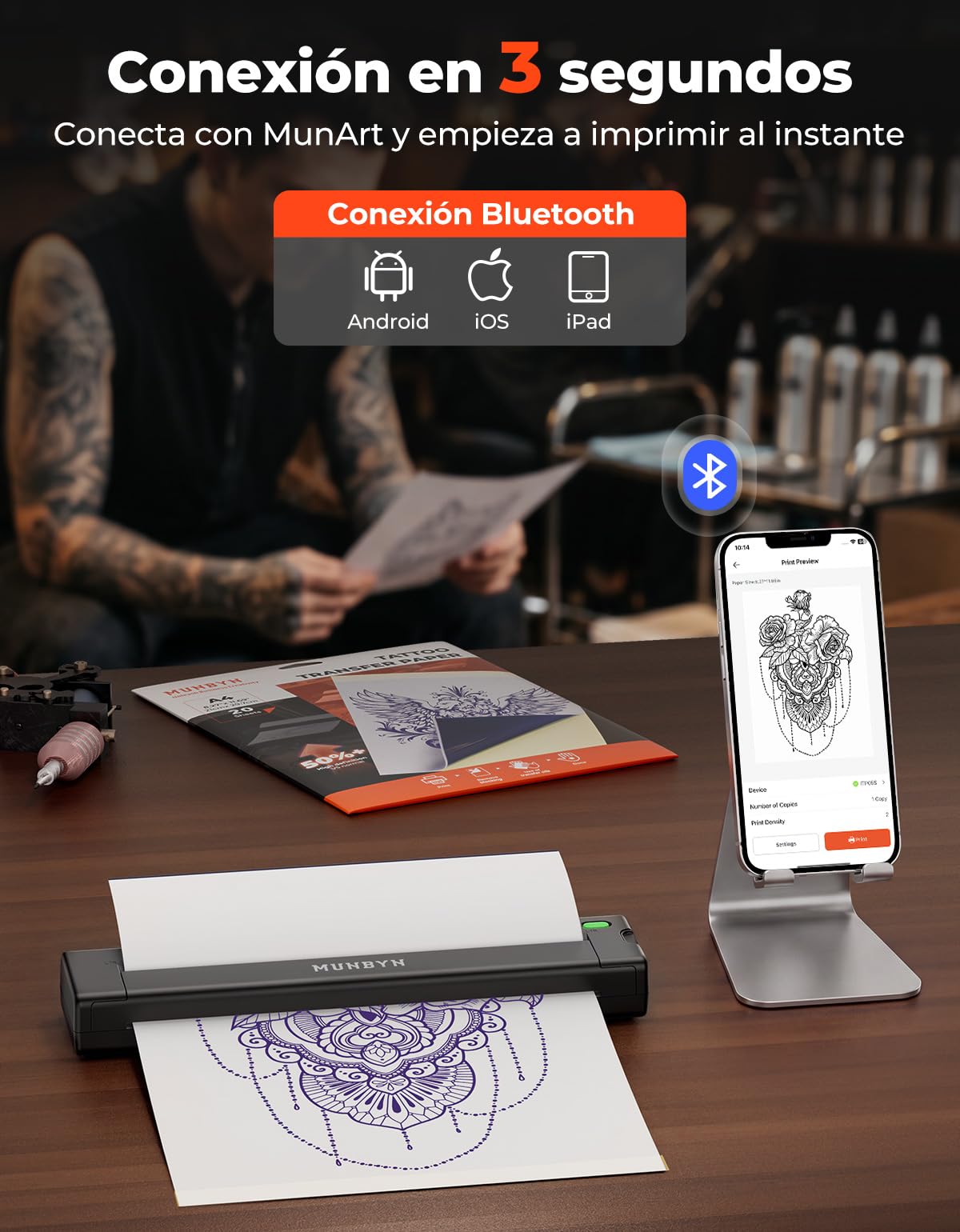 MUNBYN Termocopiadora Tattoo Bluetooth, Impresora Termica Tatuajes para DIY, Compatible con Smartphone y PC, Incluye 10 Hojas de Papel de Transferencia, ITP05S Negro