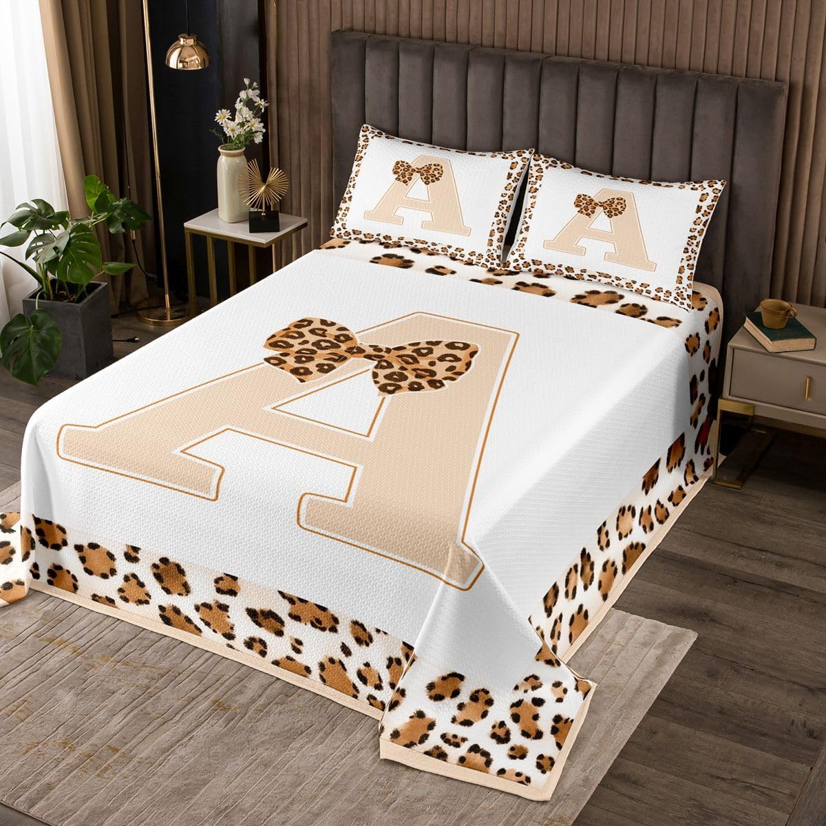 Feelyou Initial Letter A Bedspread Queen Size Abstract Coverlet Set Leopard Fur Stripes Quilted Coverlet for All Season with 2 Pillowcases Lightweight