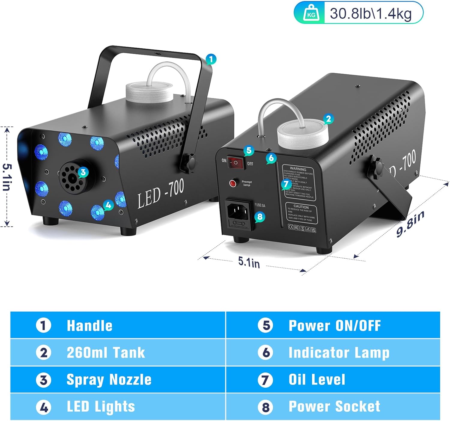 700W Fog Machine with 8 RGB LED Lights, Smoke Machine with 14 Colorful LED Lights Effect for Stage Party Halloween Christmas DJ Performance Wedding