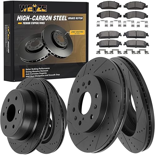 WEIZE Front Rear Truck & Tow Brake Kit, Premium HIGH CARBON Steel Brake Disc Rotors + Carbon Fiber Ceramic Brake Pads, Replacement for Chevy Silverado 1500 2014-2018
