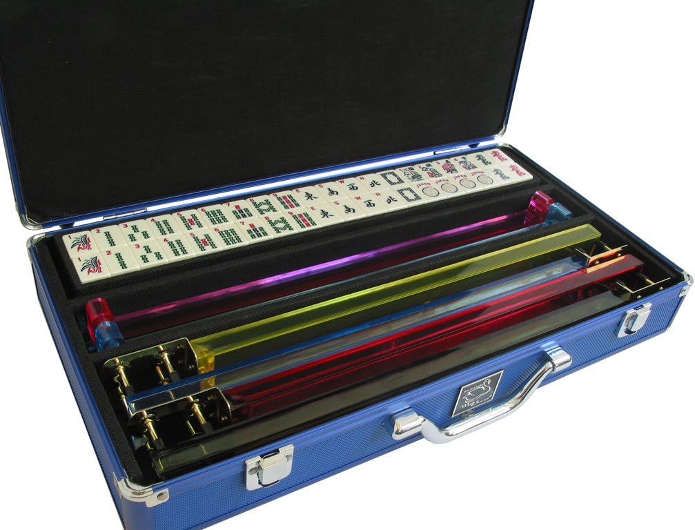 Set - 166 Premium Ivory Tiles, Pusher Arms, Aluminum Case - Blue Mahjong
