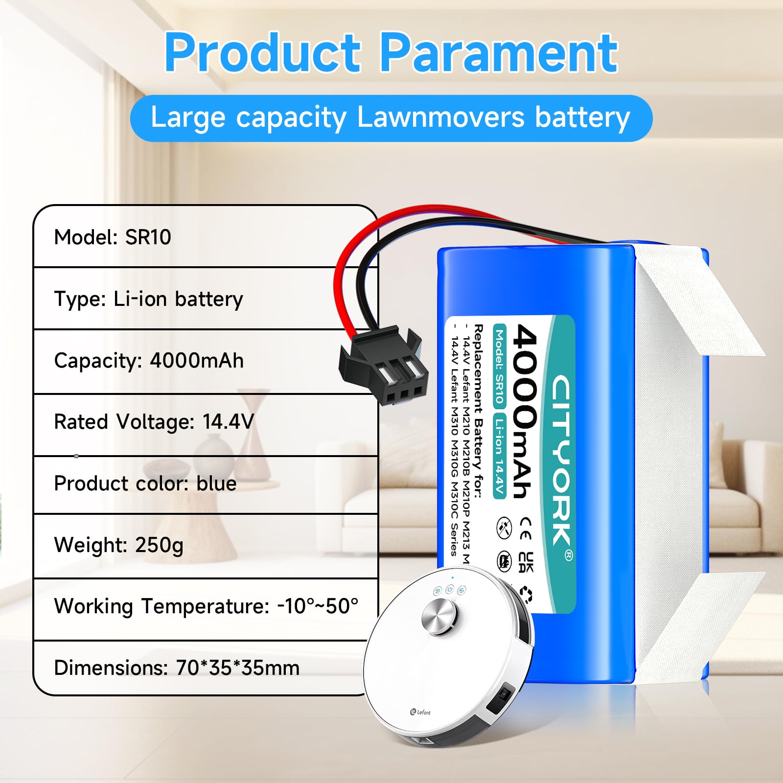 CITYORK 14,4 V/4000 mAh Batteria per OKP Life K3 K4 K5 K5P K7 K8, per 14,4V Lefant M210 M210B M210P M201, M213 M213S, per Lefant M310 M310G M310C (non compatibile con 12,8V Lefant M210/M310 Ultra)