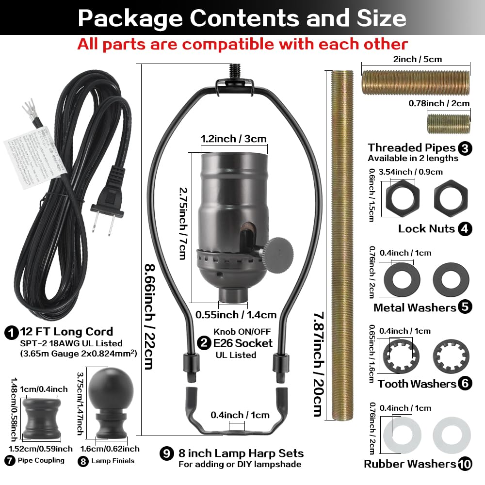 Lamp Rewire Kit Make a Lamp Repair Kits E26 Light Socket Matching Cord Wire Harp Making Supplies Set Lamp Wiring Kit for Table Floor Lamp with All Parts Needed for DIY Lamp Design - Black