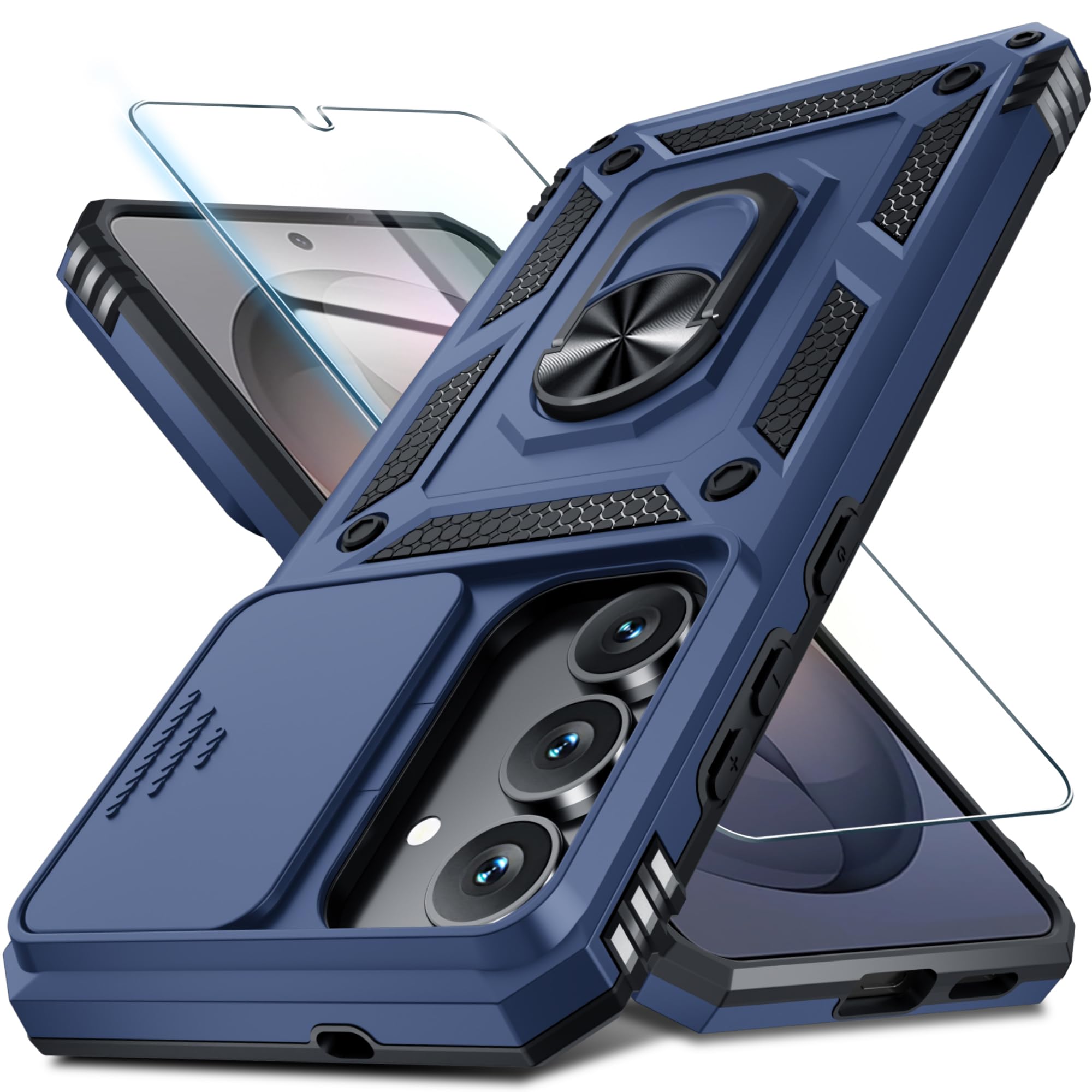 Janmitta for Samsung Galaxy S26 FE Case Built in Slide Camera Cover,Blue | with Tempered Glass Screen Protector+Finger Ring Holder Kickstand,Heavy Duty Shockproof Full Body Phone Cover For Samsung S26 Fe Blue