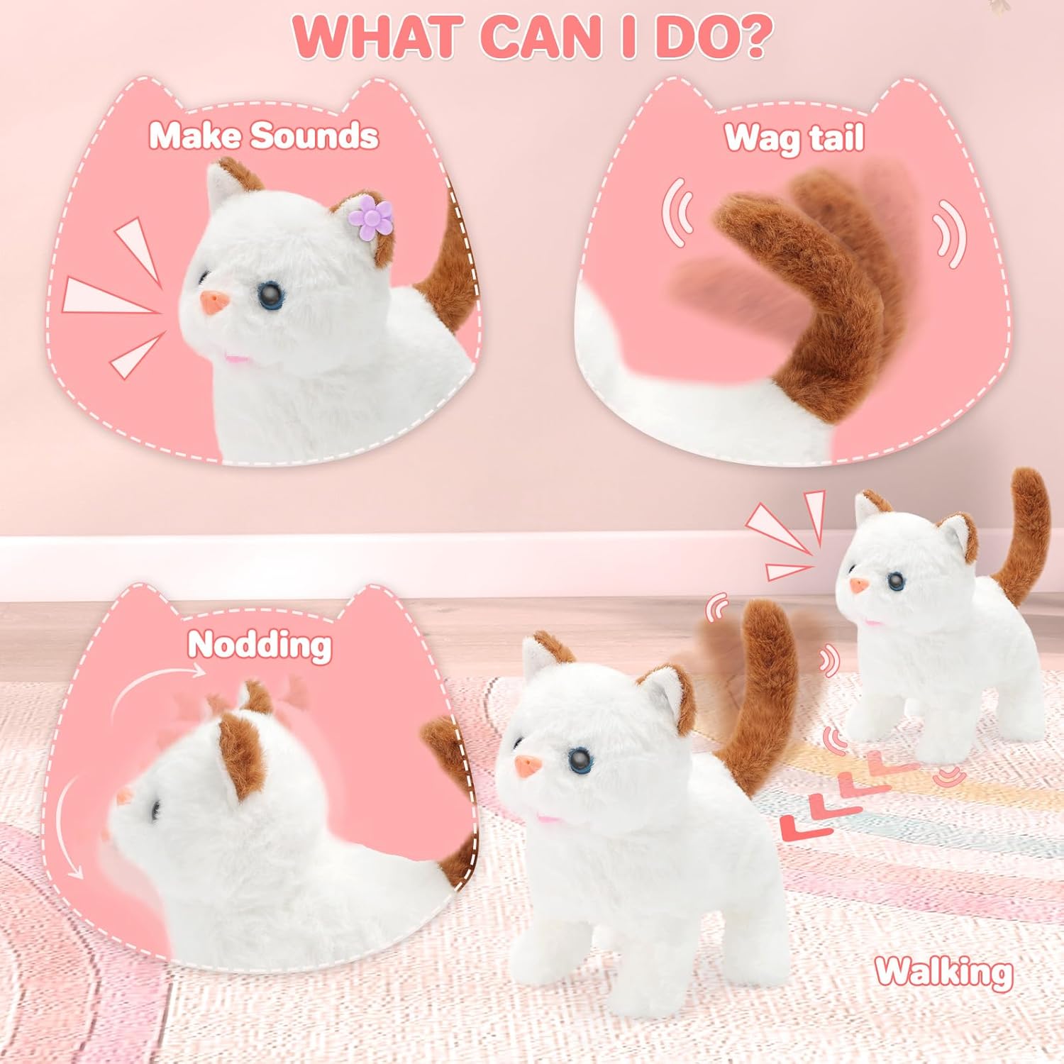 deAO Toy Cat for Kids,Remote Control Electronic Plush Stuffed Cat for Kids,Interactive Electronic Cat Toy, Barks,Walks, Groom & Feed Toys, Gifts for Girls