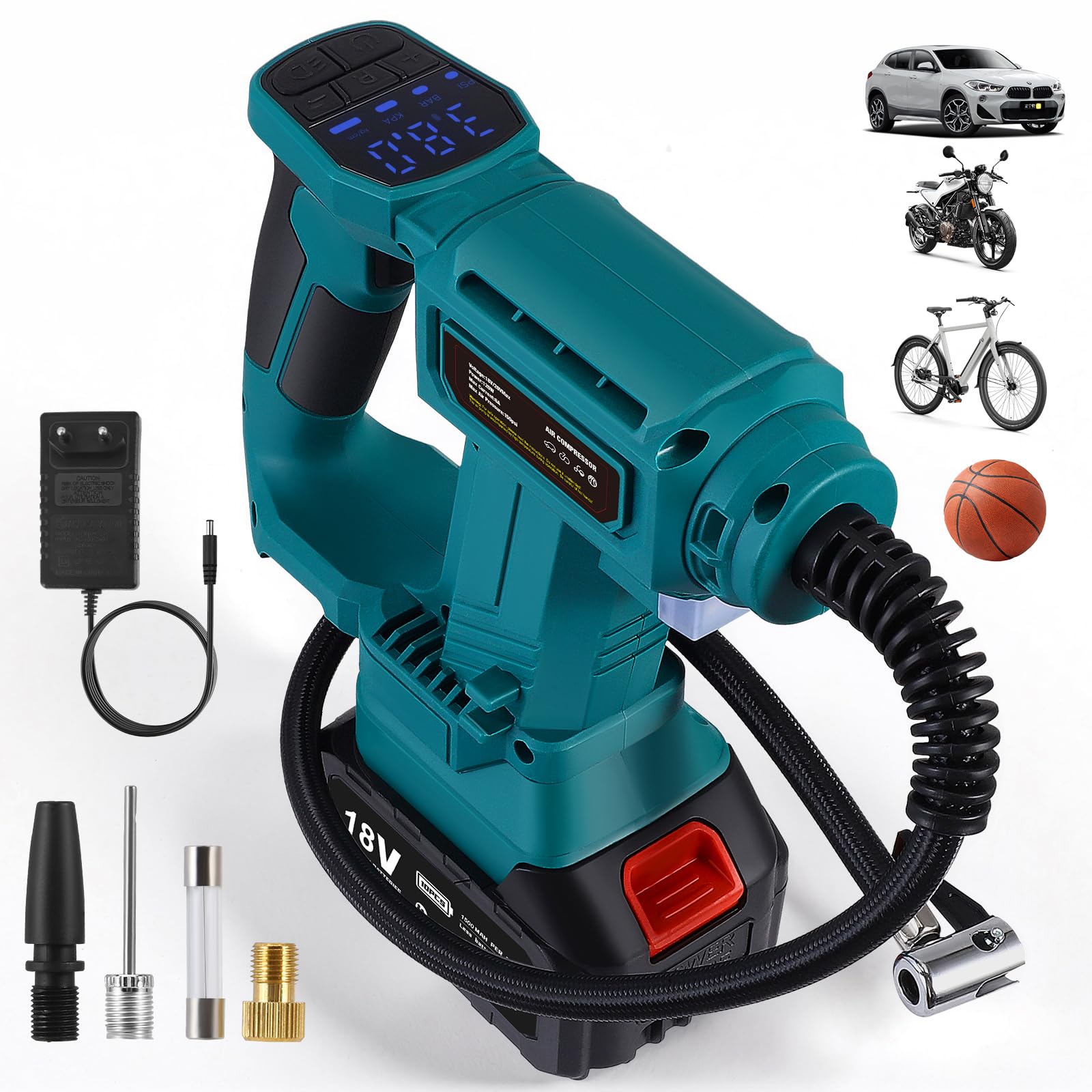Compresseur d'air 150psi 28L/min Pompe de pneu portable avec un gonfleur de pneu de batterie de 18V 3000mAh avec 3 adaptateurs pour les véhicules, motos, vélos, balles, anneaux de natation