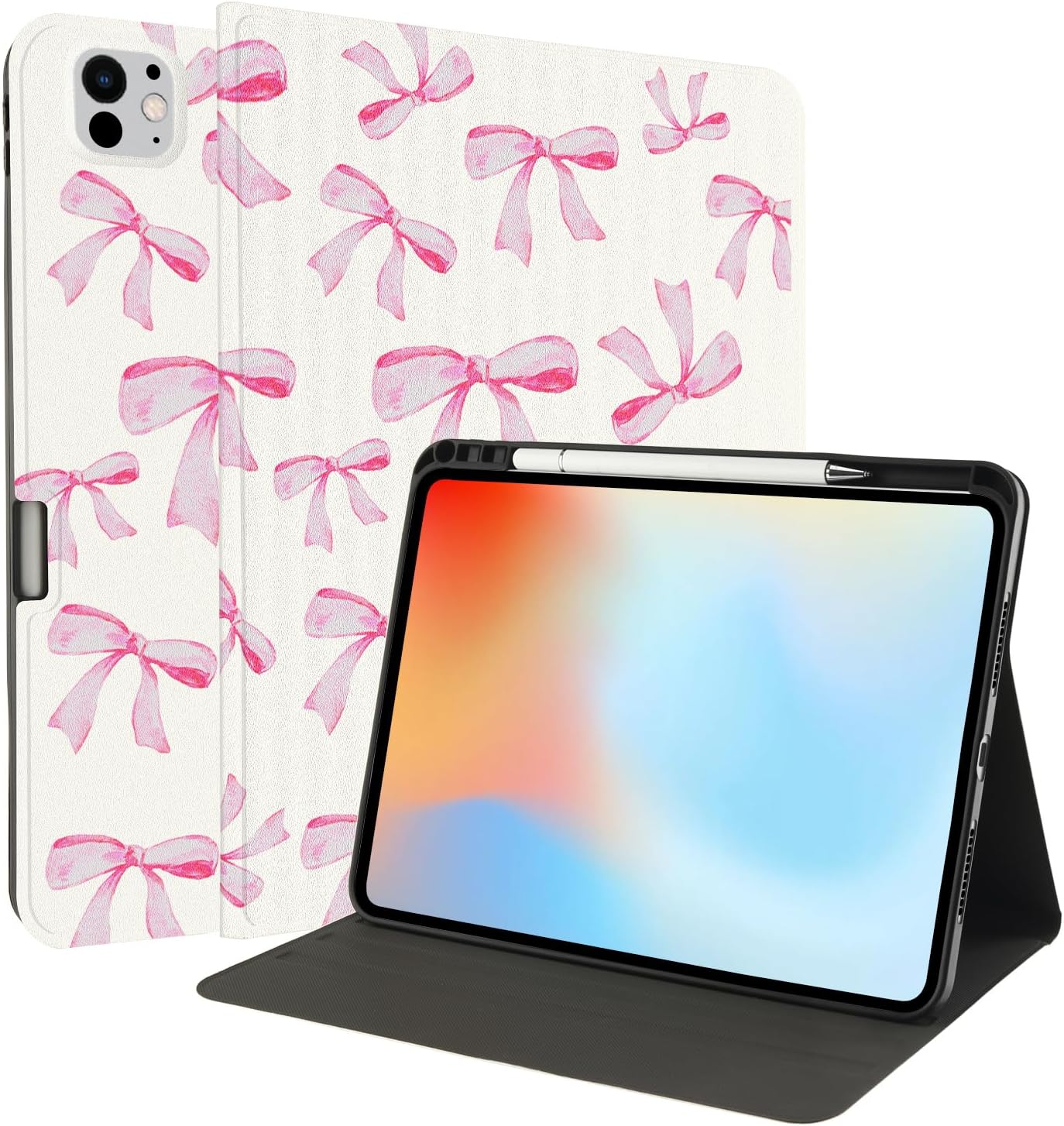 Idocolors Cute Pink Bow Pad Case for 10.9 Inch iPad 10th Generation/iPad 2022 with Pencil Holder Cartoon Kawaii Animal Pattern Multi-Angle Stand Leather Cover Auto Sleep/Wake for Kids Girls Women