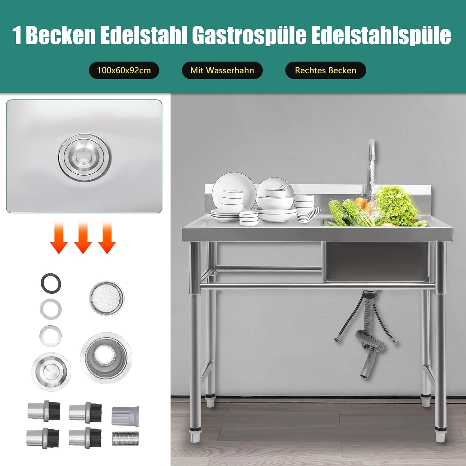 Küchenspüle,Spülbecken 1 Becken Rechts Spültisch Gastrospüle Spülbecken Edelstahlspüle Gastro Gastronomie Spüle Arbeitstisch Waschbecken Edelstahl,100cmx60cm