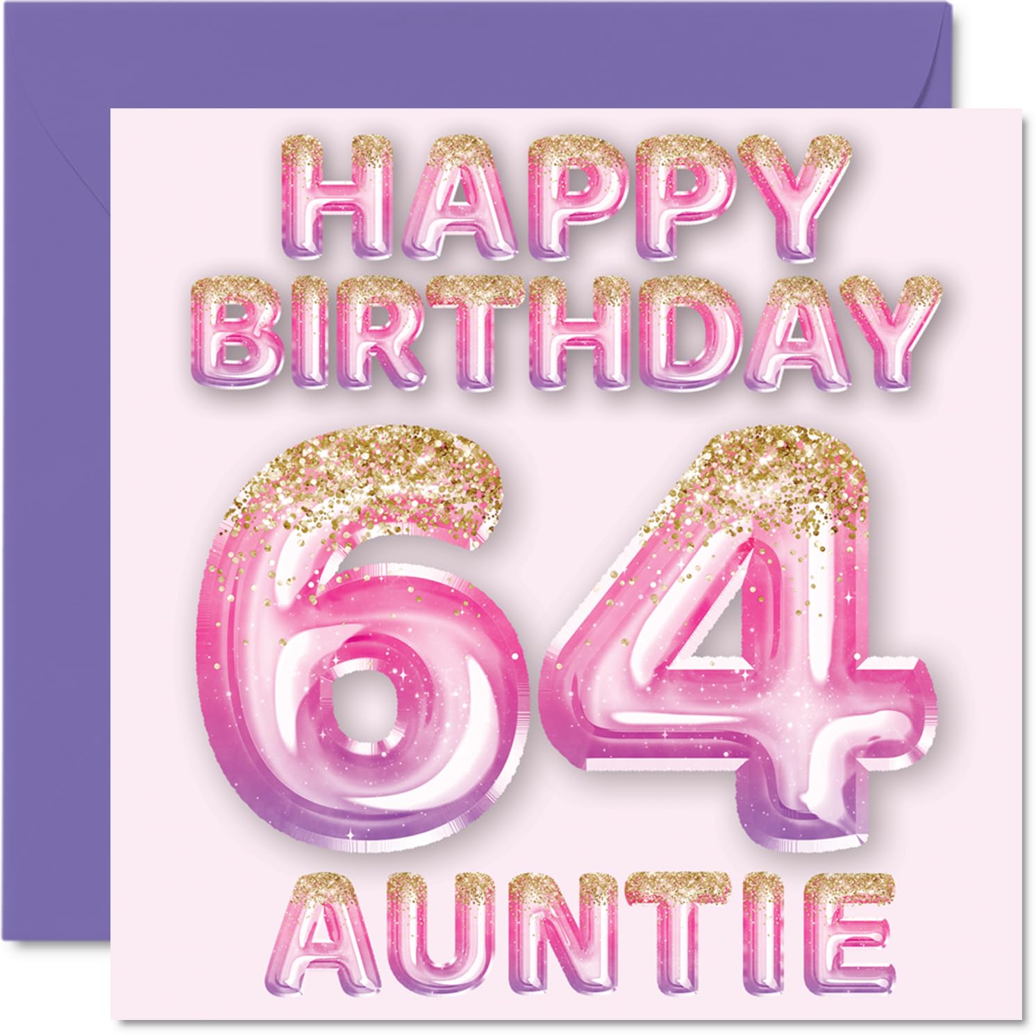 64th Birthday Card for Auntie - Pink & Purple Glitter Balloons - Happy Birthday Cards for 64 Year Old Aunt Aunty from Nephew Niece, 145mm Bday Greeting Cards Gift