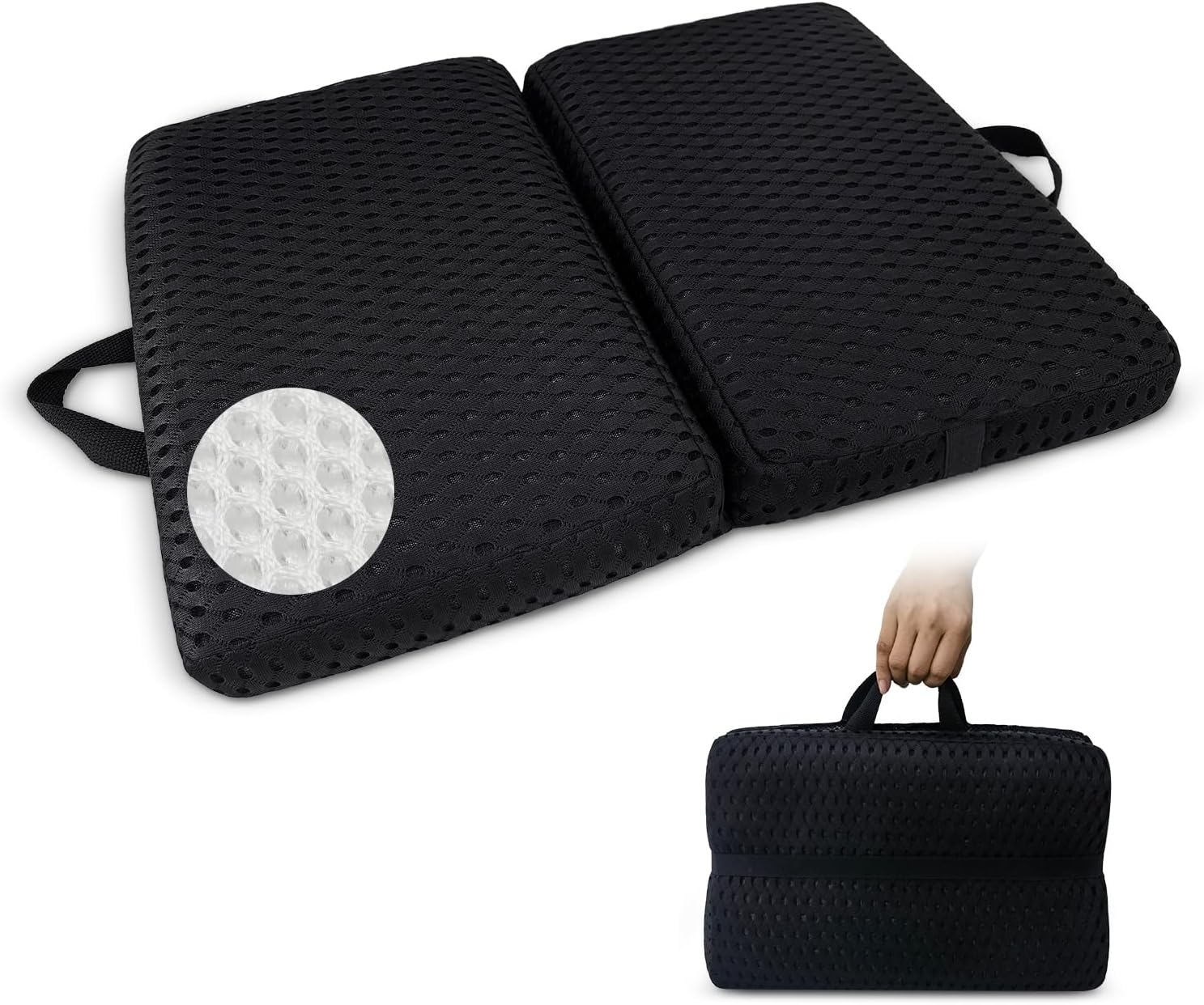 Portable Seat Cushion, Breathable 3D Fabric Foldable Seat Cushion for Stadium Bleachers/Airplane Travel; Soft, Thick & Ligheweight; Versatile Cushions for Bleachers, Flights, Camping, Office(Black,S)