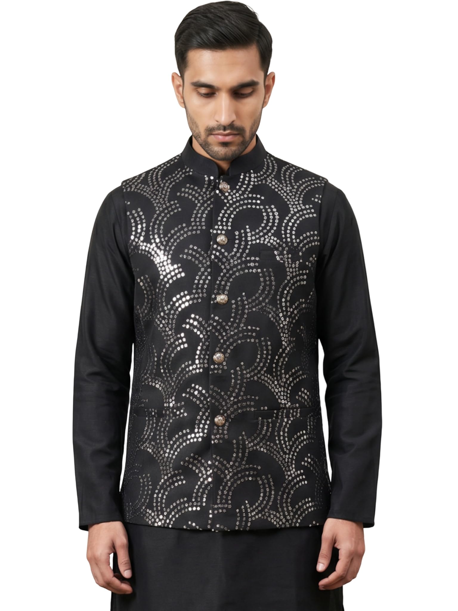jompers Men's Designer Sequins Embellished Nehru Jacket (Black, S)-picture-38