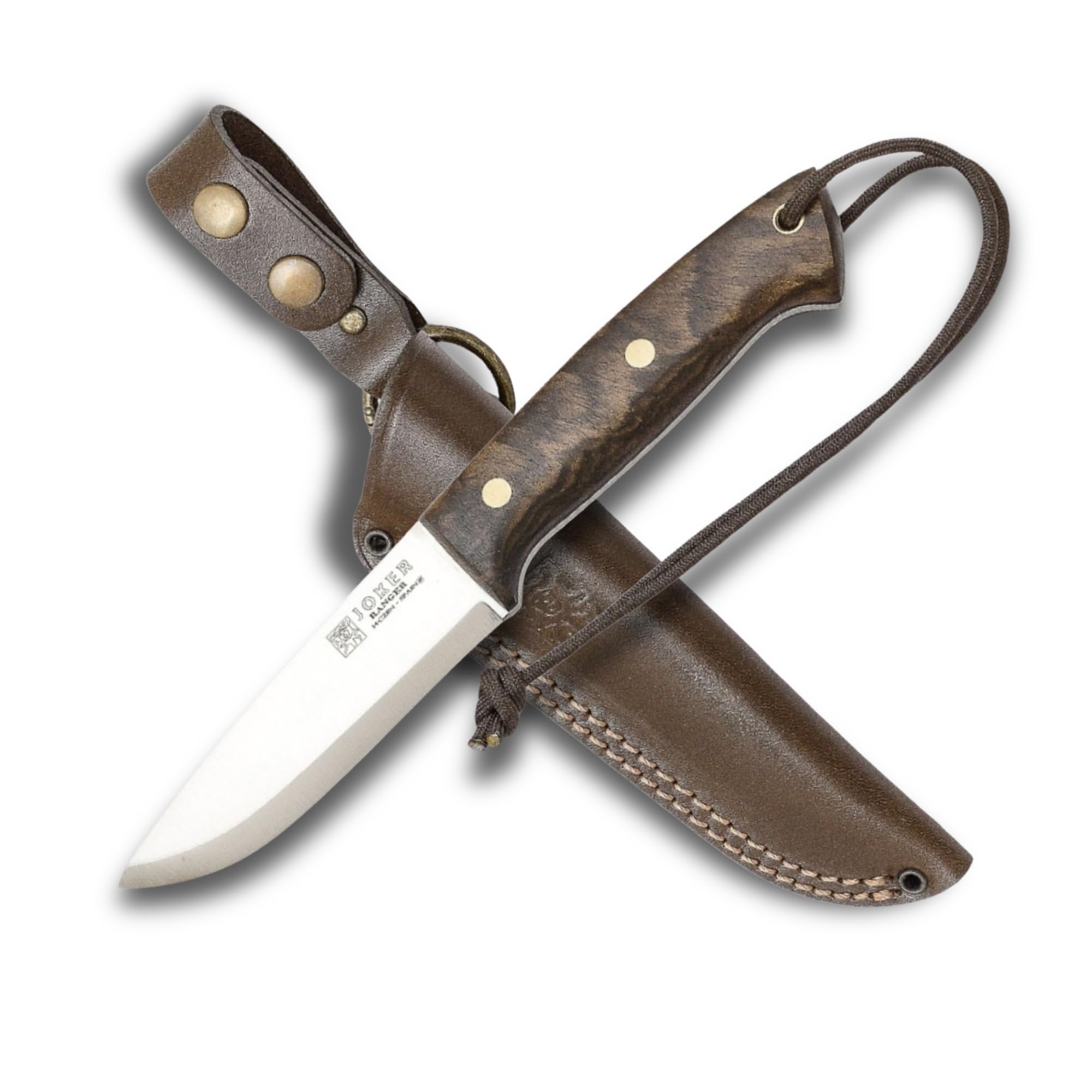 Joker Ranger CN143 Bushcraft Knife, 11 cm Sandvik 14C28N Fixed Blade, Walnut Wood Handle, Brown Leather Sheath, Camping Knife for Camping, Backpacking, Hunting, Survival and Hiking