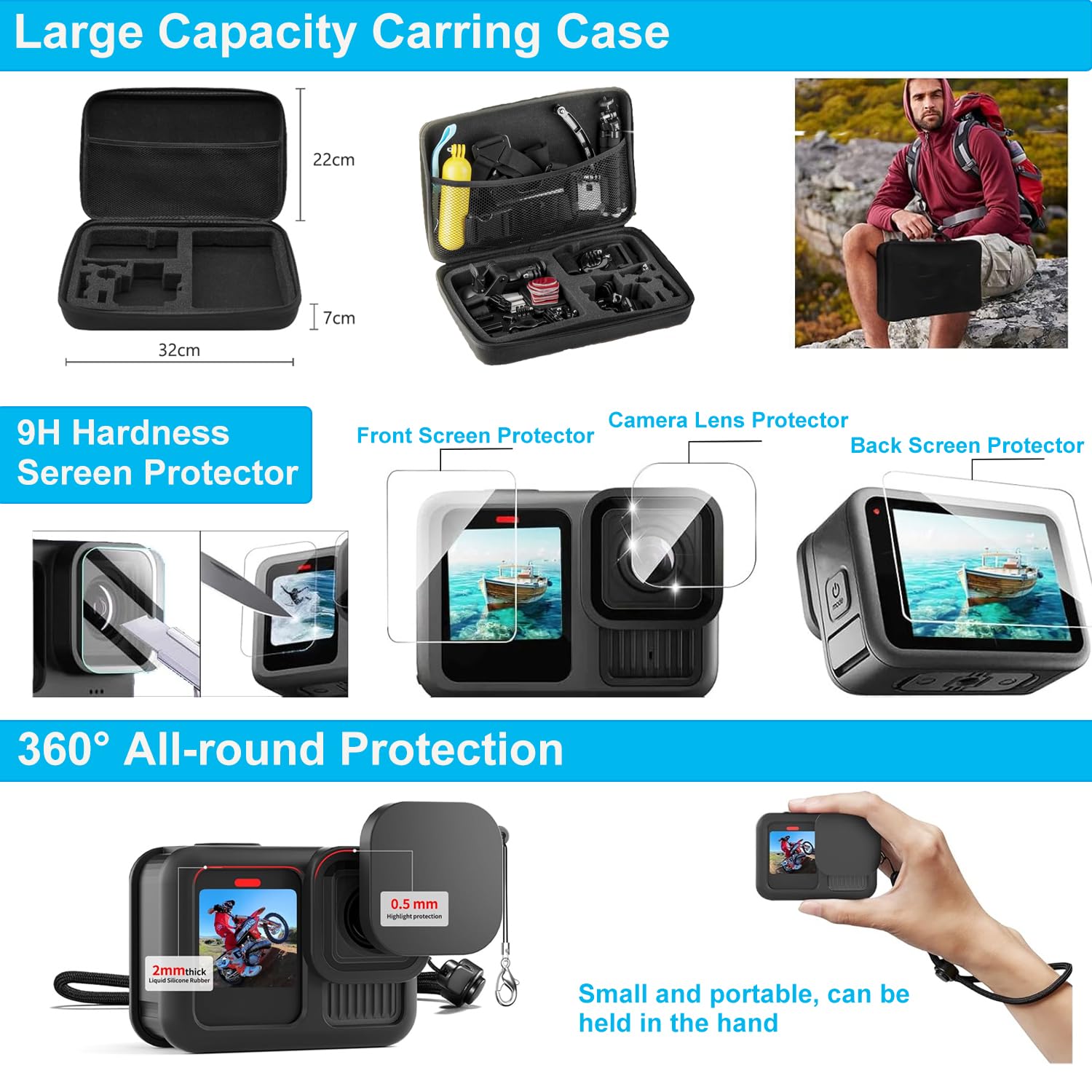 Accessori per GoPro Hero 13 Black, Saprdii Custodia Impermeabile Custodia Protettiva Impermeabile Caso Impermeabile Accessori Snorkeling, Selfie Stick Filtri e altro ancora, Kit Accessori Bundle per