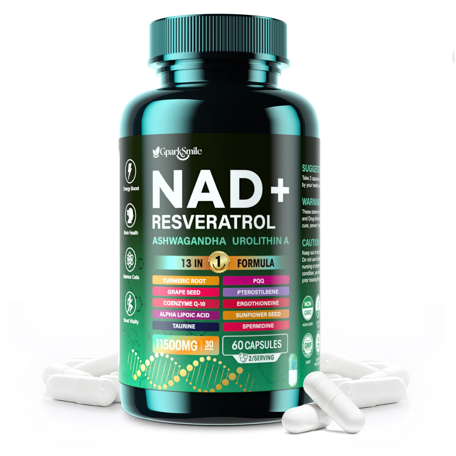NAD Supplement for Women & Men, 13-in-1 NAD+ Complex with Urolithin A, Resveratrol & CoQ10, Cellular Energy, Focus & Daily Vitality Support, 60 Capsules 1-pack