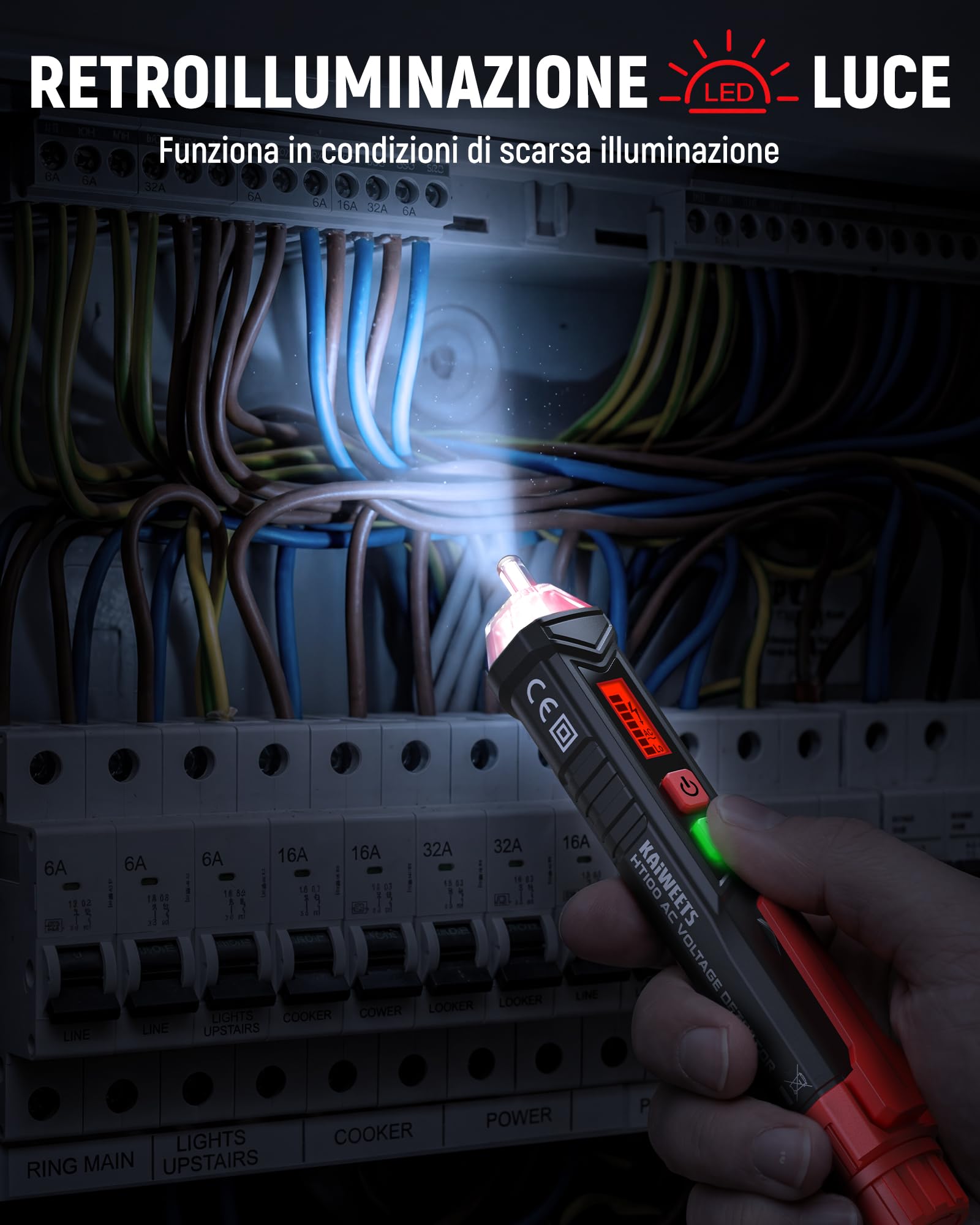 Tester di Tensione Senza Contatto, KAIWEETS Cercafase, Rilevatore di Tensione a Doppia Sensibilità 12V/48V-1000V, Display LCD, Test Filo Fase/Neutro, Torcia, Allarme Acustico