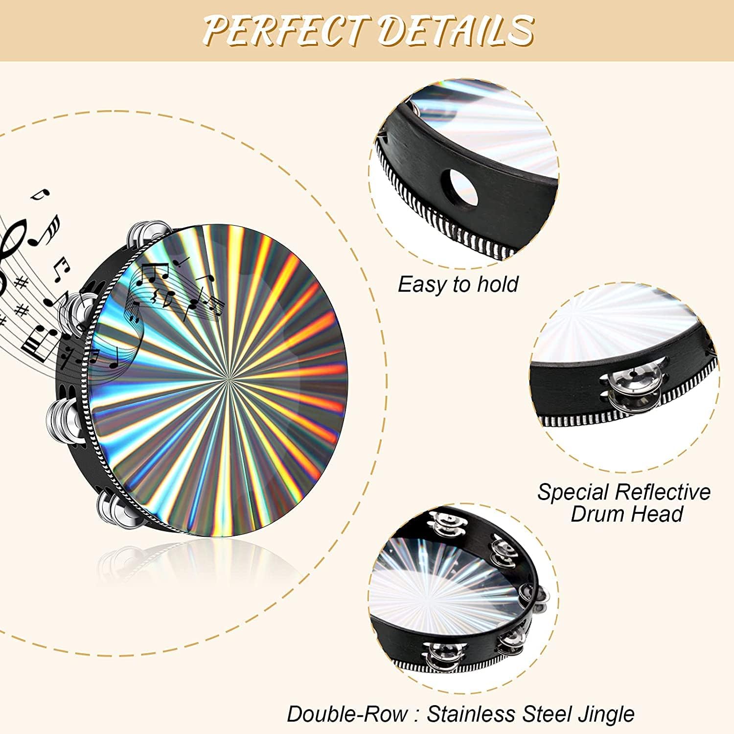 Vilihkc Tambourine Wood Church Tambourine Double Row Tambourines Musical Instrument Reflective Hand Drum Percussion Musical Instrument for Church Adults Party Tool(6 inch) : Everything Else