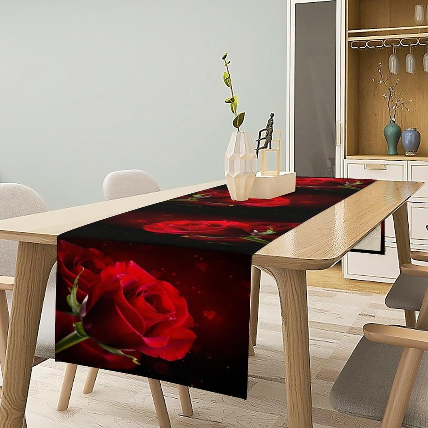Red Rose Flower Table Runner, Dark Red Floral Romantic Valentine's Day Print Kitchen Dining Table Decoration for Home Party Wedding Decor, 13x120inch