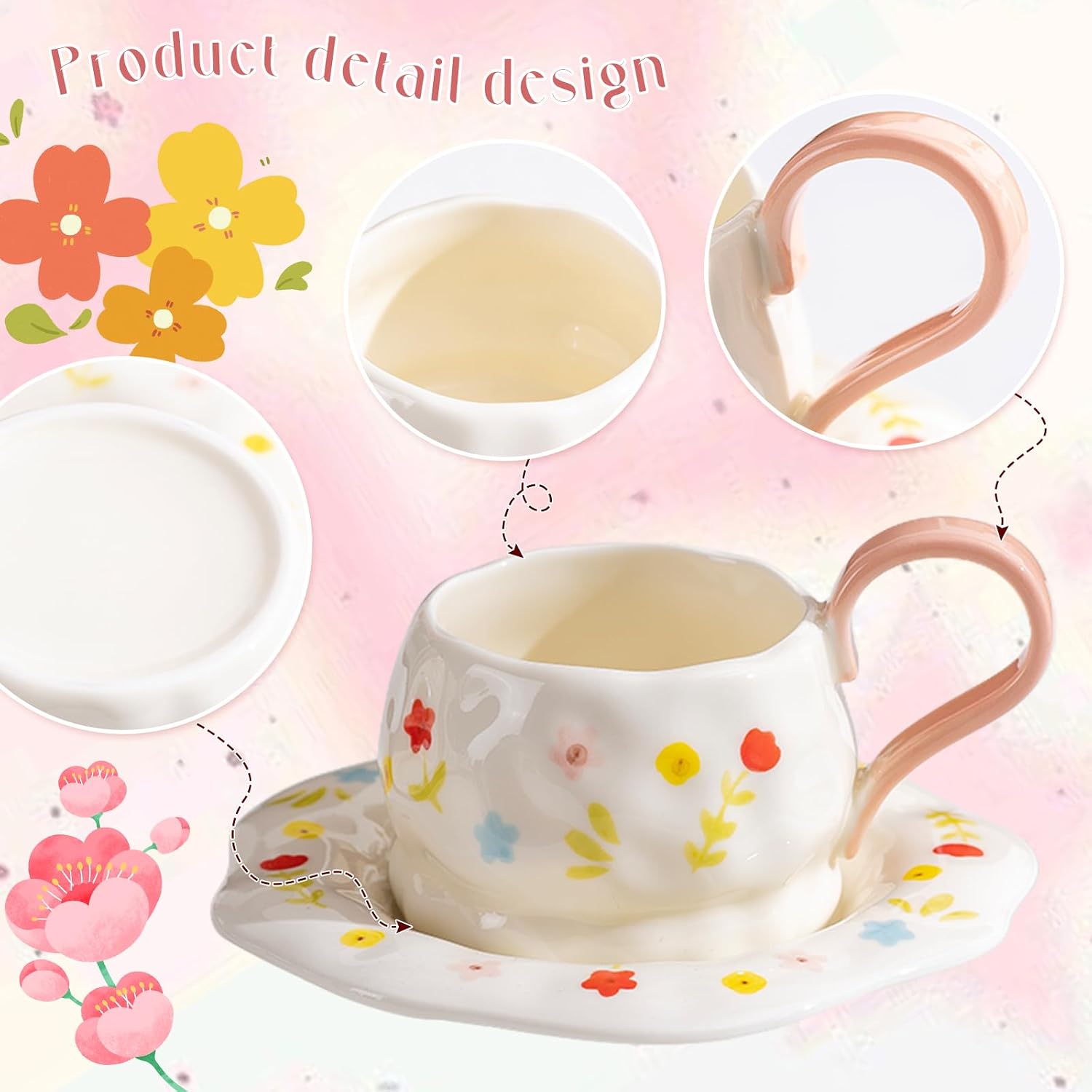 Hand-Painted Ceramic Coffee Cup with Saucer, 250ml Irregular Shape Flowers Tea Cup, Korean Style Cappuccino Latte Cups Set, 1 Cup & 1 Saucer (PINK) image 4