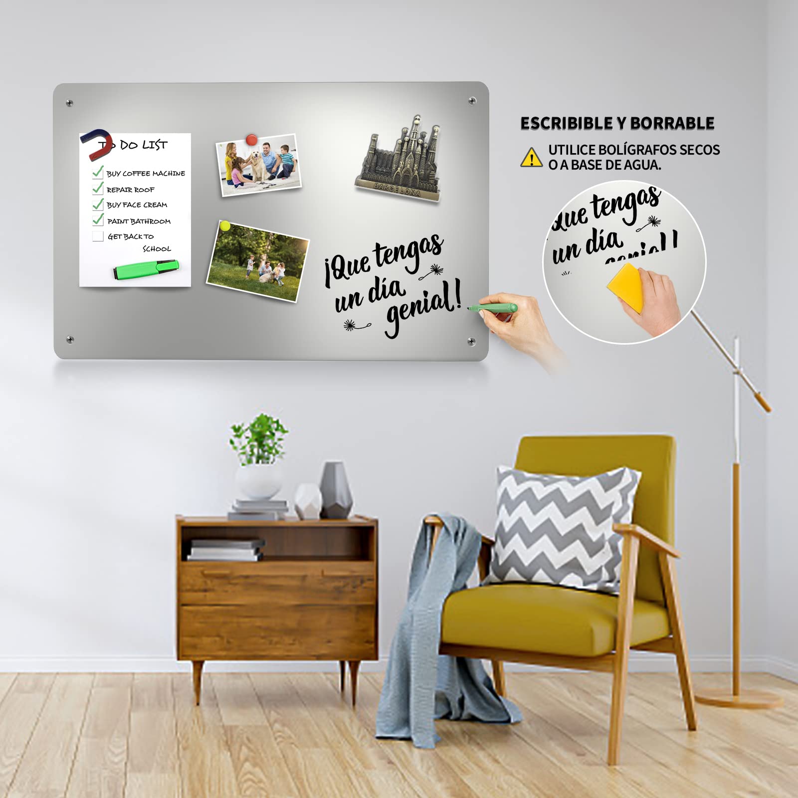45 x 30 cm Tablero magnetica pared – Pizarra magnética para mostrar letras magnéticas, números, animales, botes de especias, notas, fotos, adecuado para cocina, pared, nevera, armario